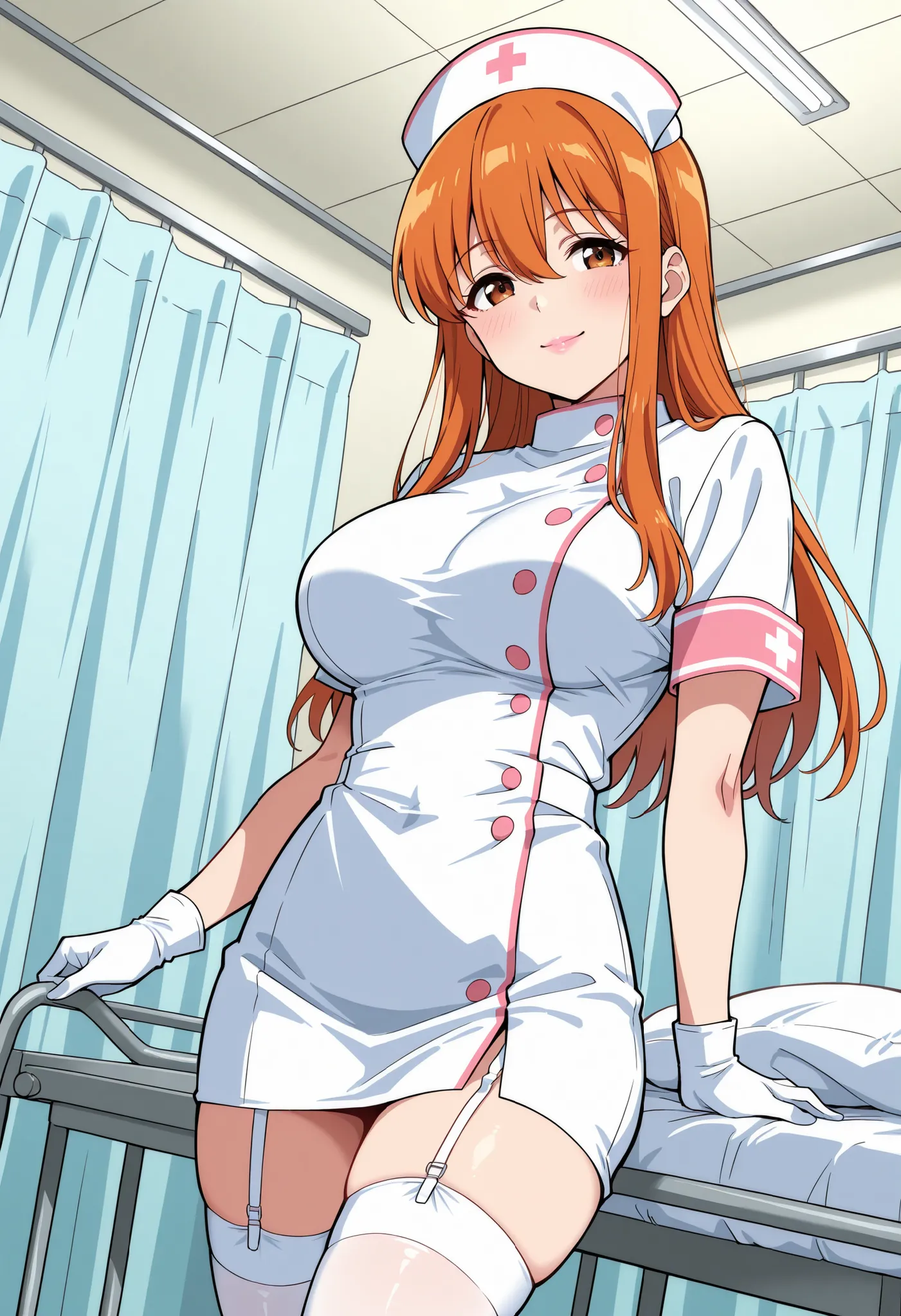 Score_9, score_8_up, score_7_up, source_anime, Aki Minami, solo, long hair, orange hair, sidelocks, hair between eyes, bangs, brown eyes, large breasts, (best quality), (high quality), {masterpiece}, extremely delicate and beautiful, ultra-detailed, beauti...