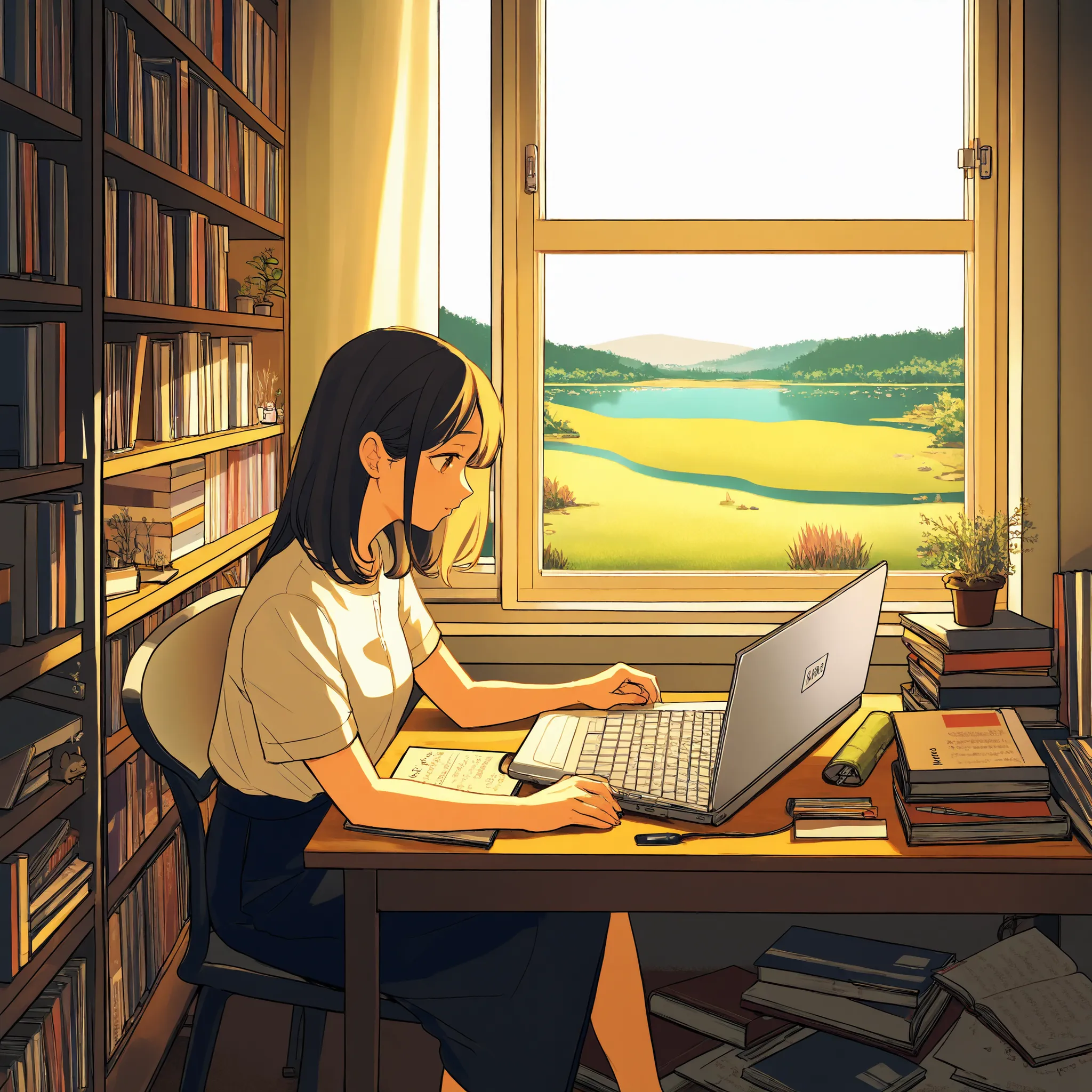 A woman is working in her room, She's opening her notebook, laptop, Some materials. and she's focused on writing or typing. Outside the window is a lake、On the bookshelf、 full of books , small plants in the background . The scene is peaceful and eager to ...