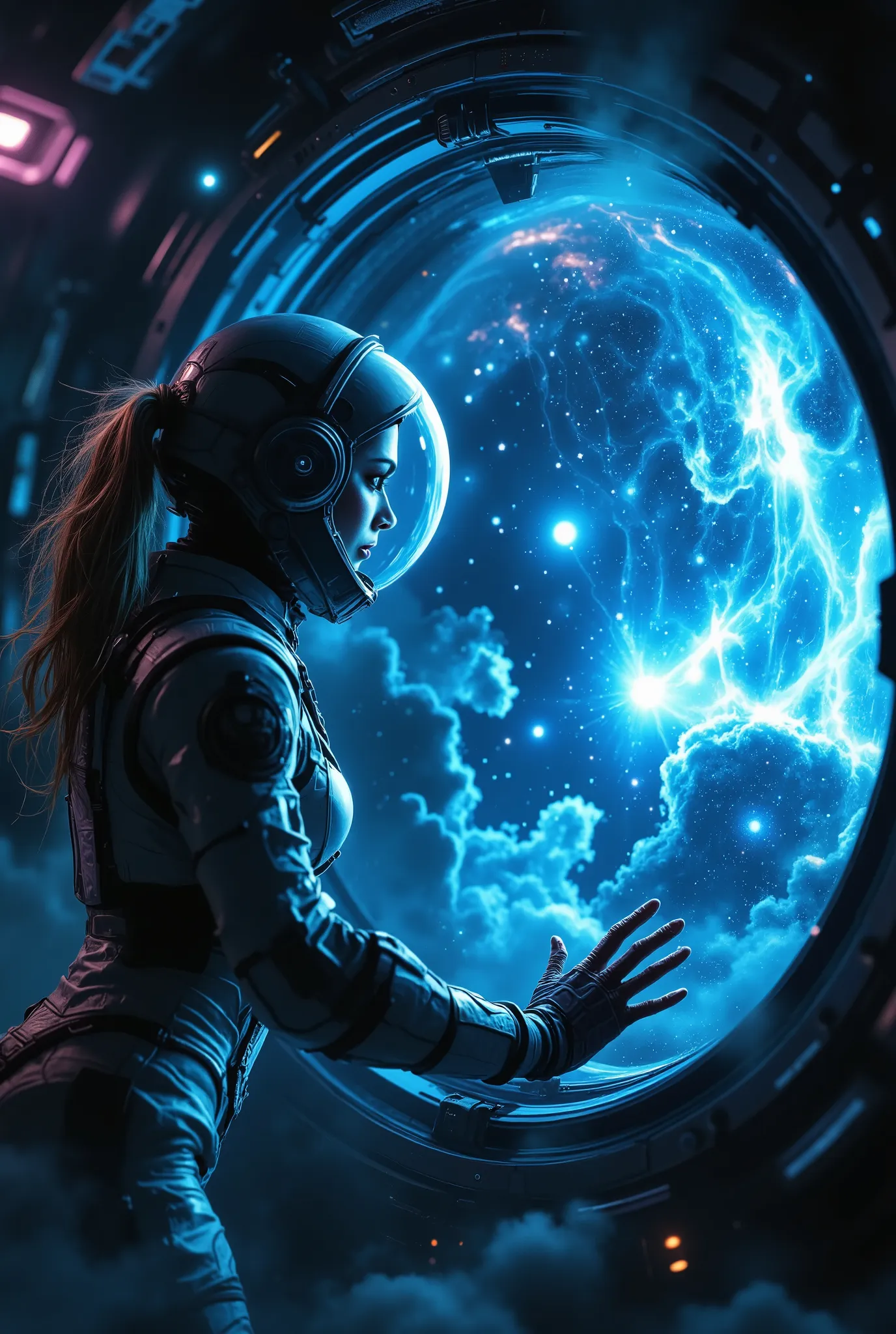 A lone female astronaut sits weakly inside a dimly lit spacecraft, her body frail from famine, eyes hollow but still gazing at the distant blue Earth through a round window. Her suit hangs loosely, slightly damaged from time. The stars outside are silent w...