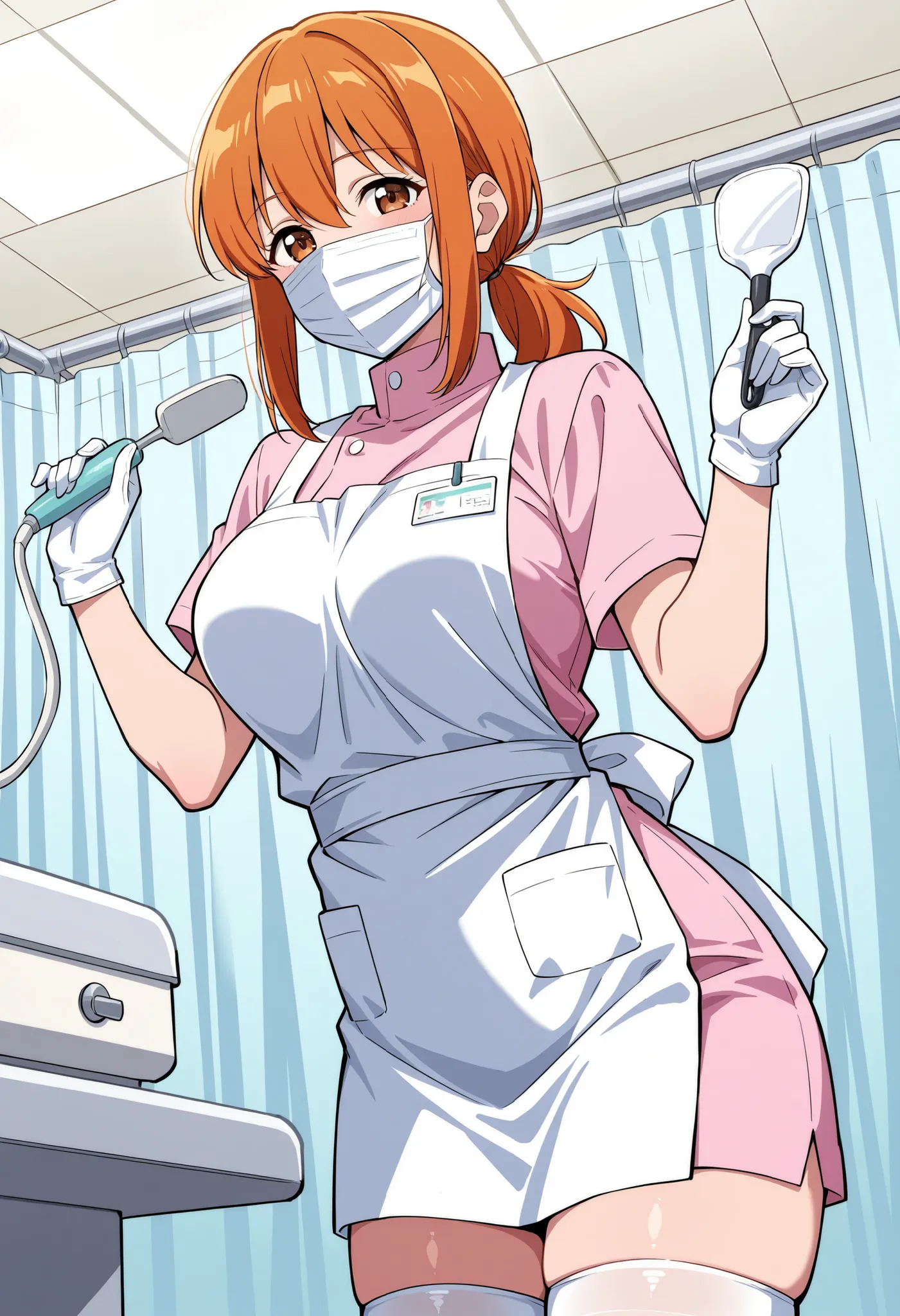 Score_9, score_8_up, score_7_up, source_anime, Aki Minami, solo, alternate hairstyle, low ponytail, orange hair, sidelocks, hair between eyes, bangs, brown eyes, large breasts, (best quality), (high quality), {masterpiece}, extremely delicate and beautiful...
