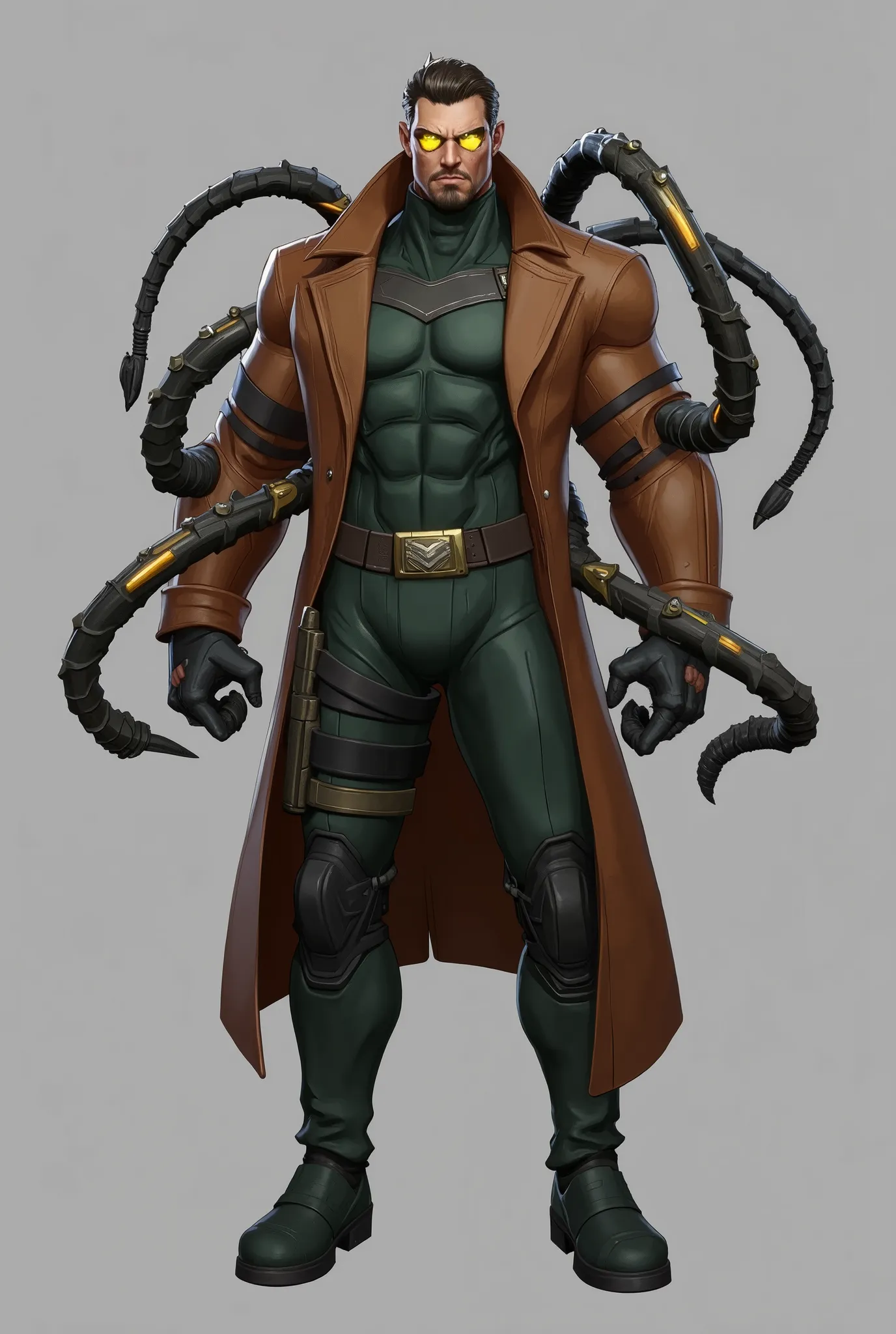 Imagine Doctor Octopus in the Marvel Rivals video game by NetEase Games as a Specialist-class villain. He wears a rugged brown trench coat over a dark green armored bodysuit lined with tactical seams and hex-fiber padding. His four mechanical tentacles—mad...