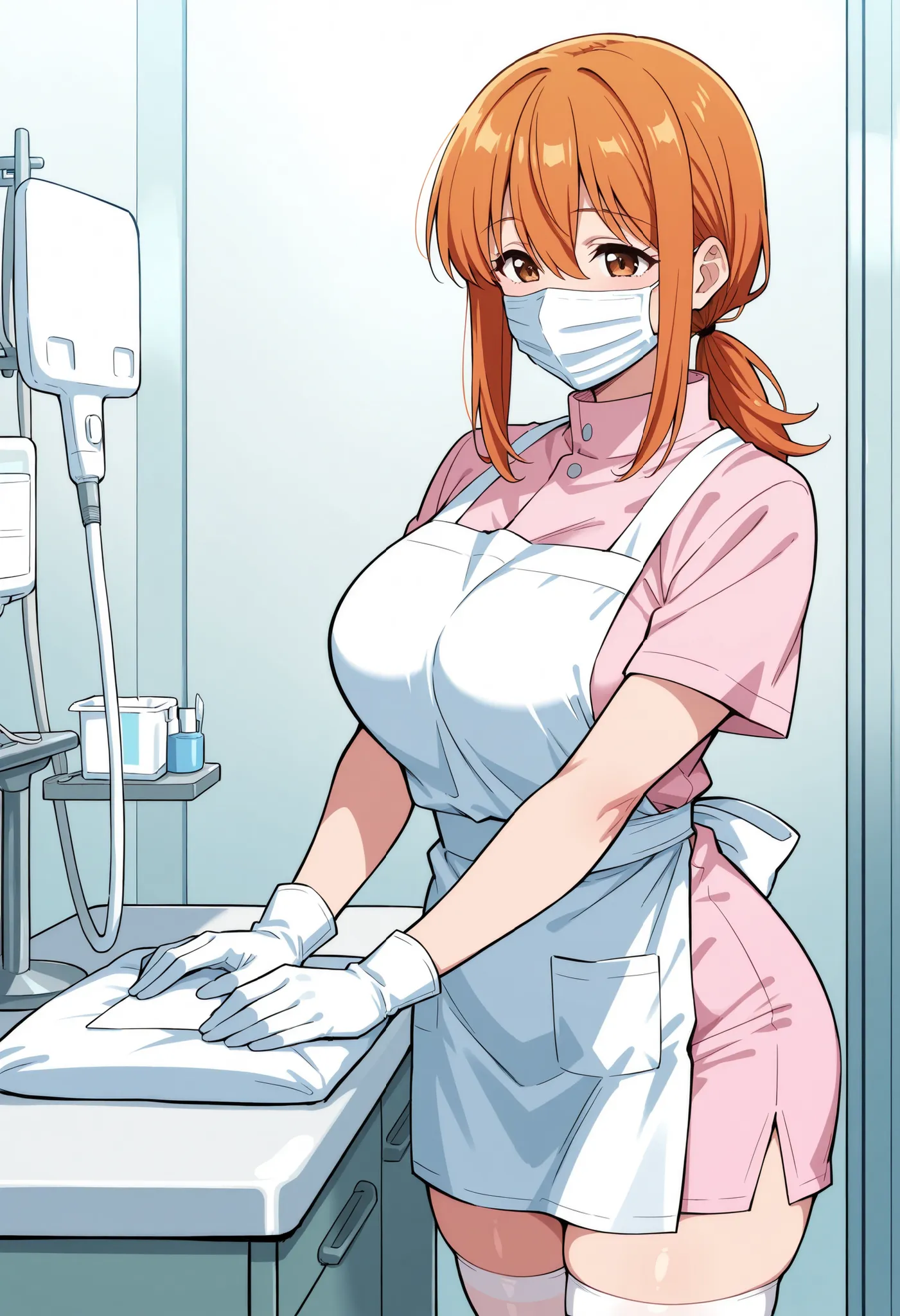 Score_9, score_8_up, score_7_up, source_anime, Aki Minami, solo, alternate hairstyle, low ponytail, orange hair, sidelocks, hair between eyes, bangs, brown eyes, large breasts, (best quality), (high quality), {masterpiece}, extremely delicate and beautiful...