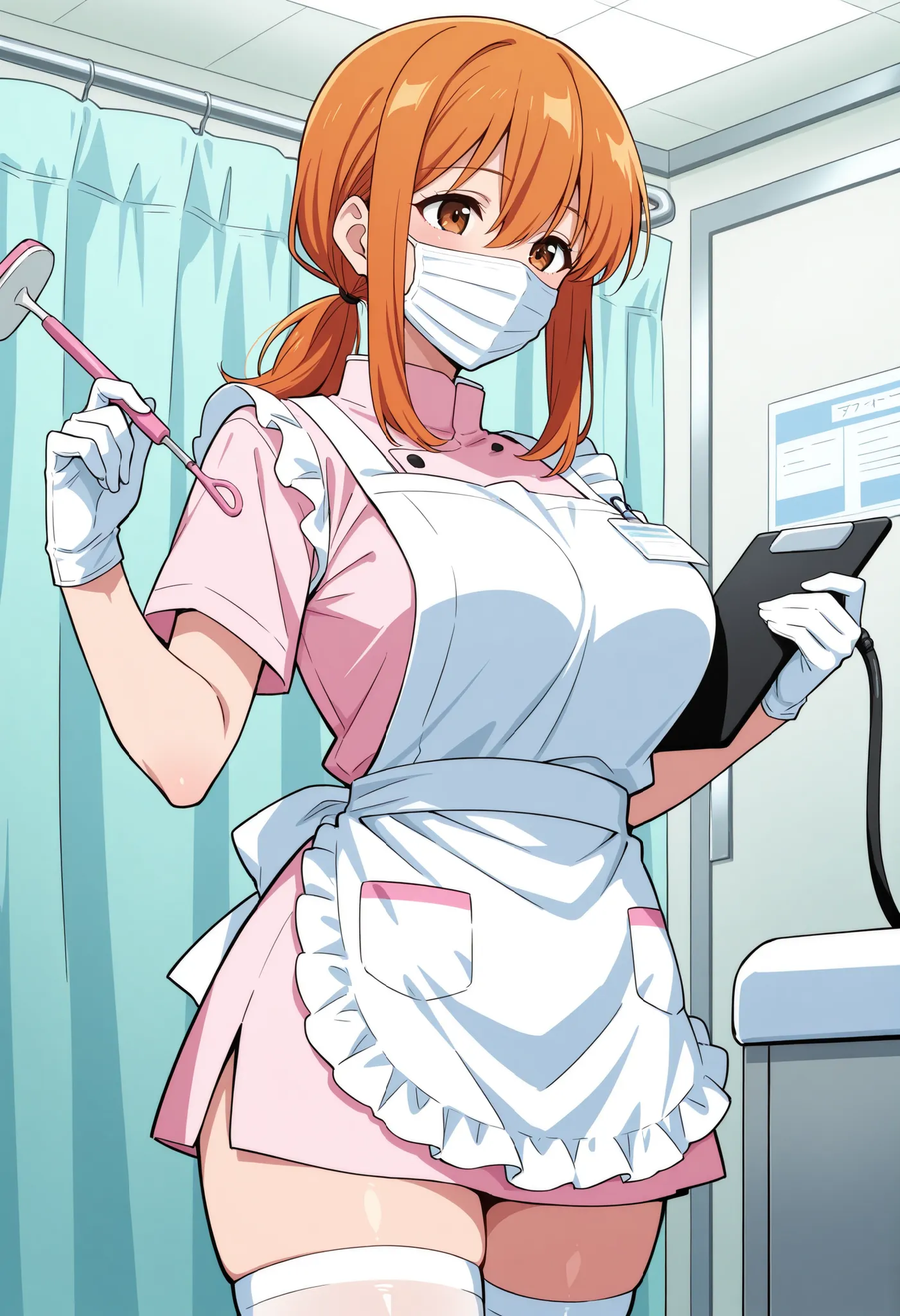 Score_9, score_8_up, score_7_up, source_anime, Aki Minami, solo, alternate hairstyle, low ponytail, orange hair, sidelocks, hair between eyes, bangs, brown eyes, large breasts, (best quality), (high quality), {masterpiece}, extremely delicate and beautiful...