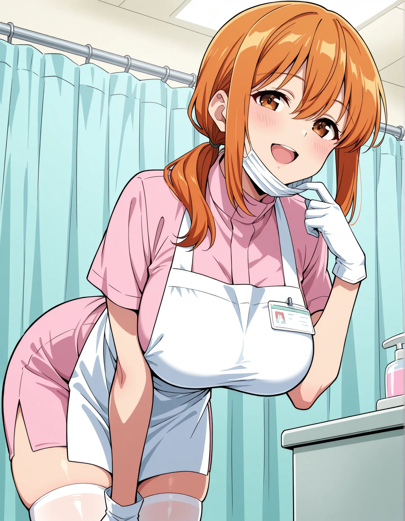 Score_9, score_8_up, score_7_up, source_anime, Aki Minami, solo, alternate hairstyle, low ponytail, orange hair, sidelocks, hair between eyes, bangs, brown eyes, large breasts, (best quality), (high quality), {masterpiece}, extremely delicate and beautiful...
