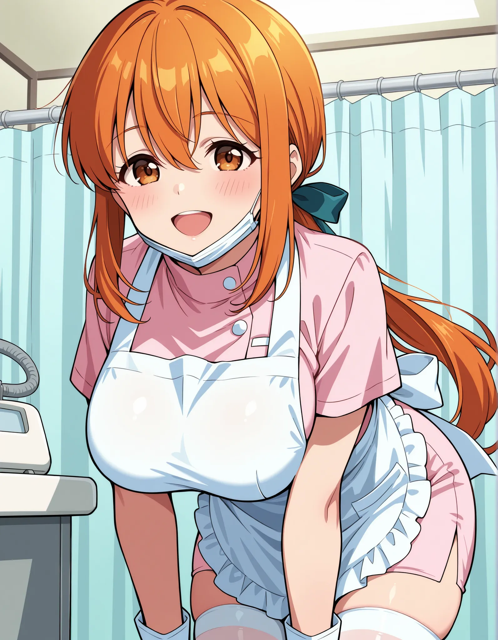 Score_9, score_8_up, score_7_up, source_anime, Aki Minami, solo, alternate hairstyle, low ponytail, orange hair, sidelocks, hair between eyes, bangs, brown eyes, large breasts, (best quality), (high quality), {masterpiece}, extremely delicate and beautiful...