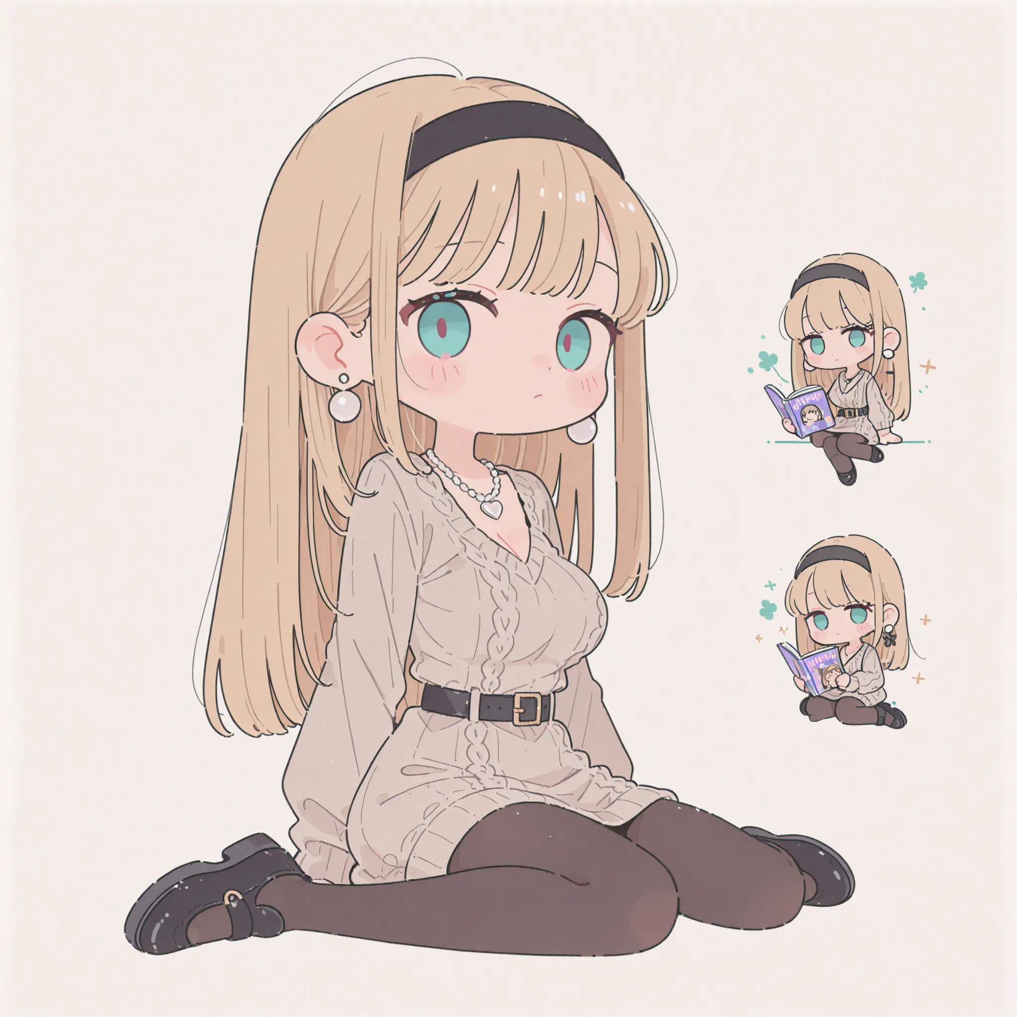 flat colors, (chibi style:1.6), super deformed, simple coloring, full body, white background, simple shading, minimal details, soft color palette, clean art style, rounded shapes, cute, lovely, 1 girl, solo, ash blonde hair, long straight hair, clean bangs...