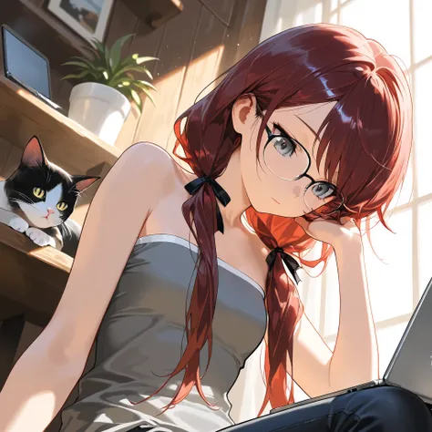  (masterpiece:1.2, Best Quality), (finely detailed beautiful eye: 1.2), (beautiful detailed face), solo, glasses, expressionless, upper body, sitting, table, from below, looking down, strapless sleeveless shirt, gray shirt, shirt with white trim, baggy shi...