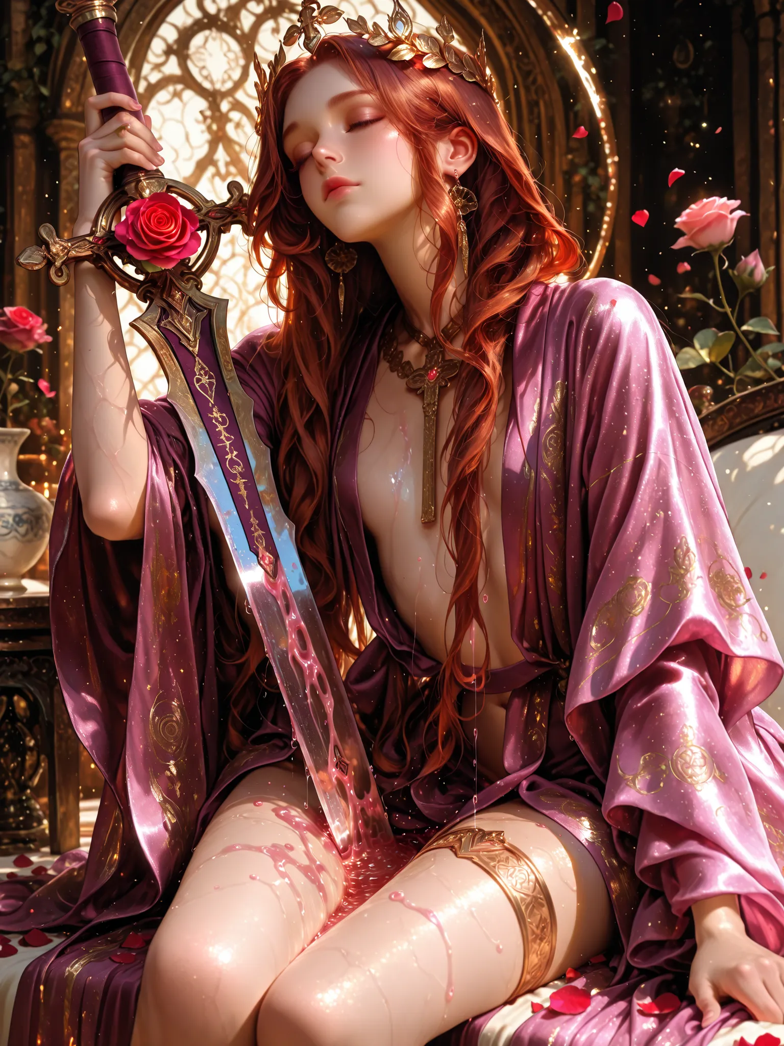 1 girl, A playful, androgynous female demon noble. She is a duchess , seated gracefully. she embracing a sword placed between her legs, she pouring rose water on the sword . She has long, flowing auburn hair, porcelain skin, and wears a ducal crown adorned...