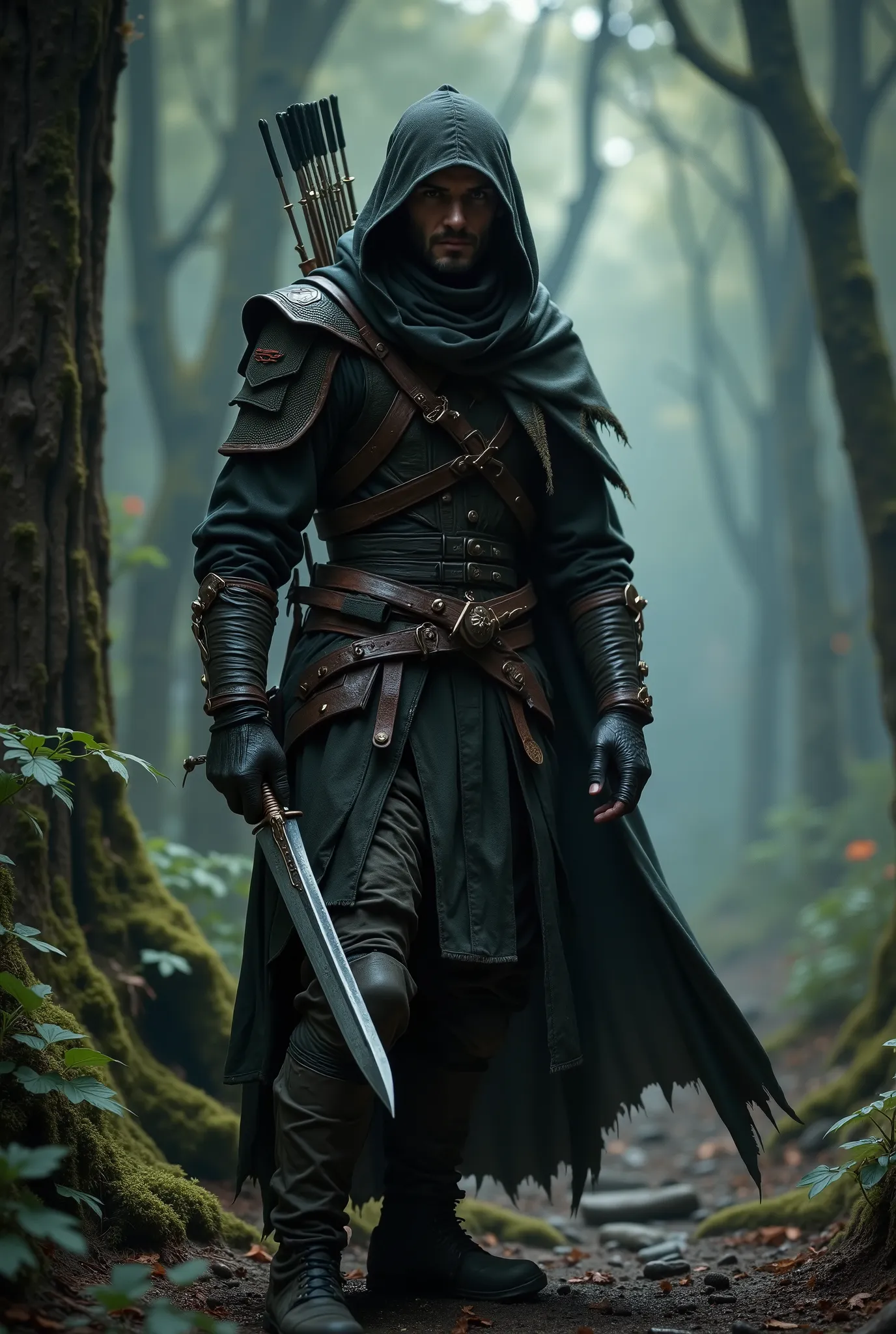 ((RAW Photo), absurd, (absurdresolution)), masterpiece, best quality, (Extremely detailed 8k unity CG wallpaper), (best illustration), (best shadow), Realistic lighting, beautiful detailed glow, ((FULL BODY)), (((Photographic Perspective)), assassin in the...