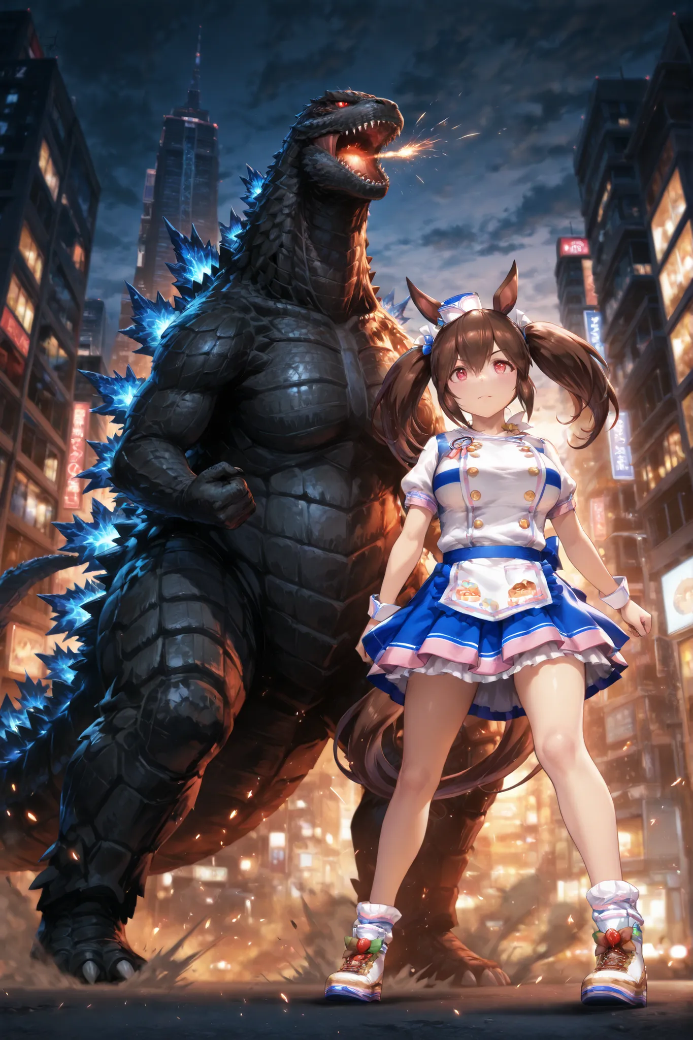 masterpiece、hishi akebono \(umamusume\), towering over a futuristic neon-lit cityscape like Godzilla, her massive figure dwarfing skyscrapers, long brown twintails flowing in the wind, wearing a colorful pastry-themed chef outfit with donut and strawberry ...
