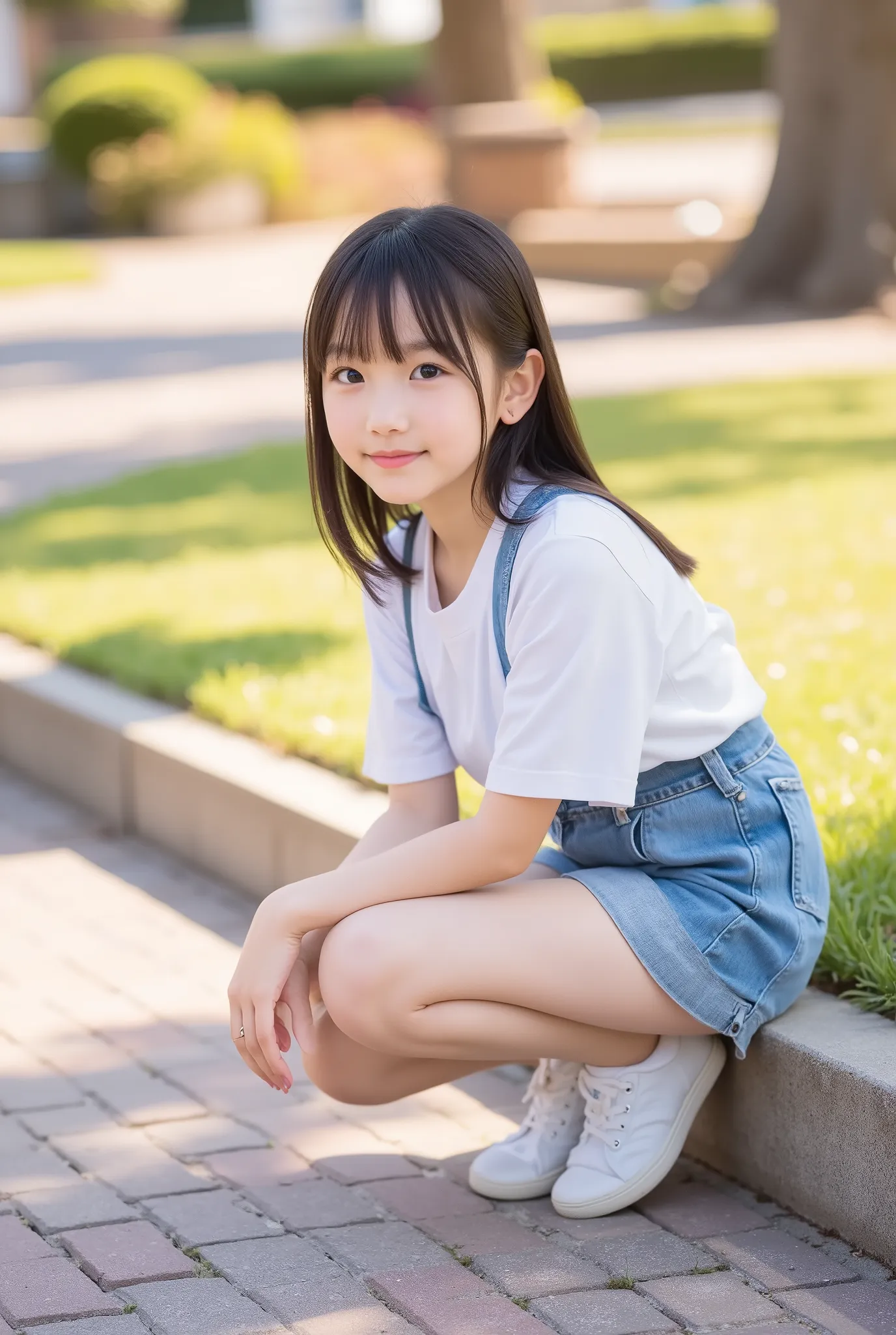 Japanese Women,Surrealistic,high definition,Top quality,8k,Exquisite Details,Short Height,Elementary school student,short,Baby Face,thighs:1.3,cute fashion,staring at the viewer,depth of field,Sneakers,Fantastic Backdrop,Soft Light,warm colors,Digital Pain...