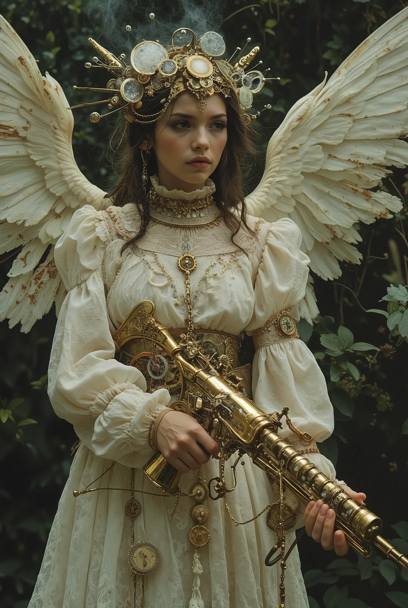 My character: the 'Clockwork Angel' of a forgotten, steam-powered city.
Their **wings are NOT feathers**, but intricate, beautiful contraptions of **interlocking brass gears, stained glass shards, and thin metal struts, maybe with gentle steam hissing from...