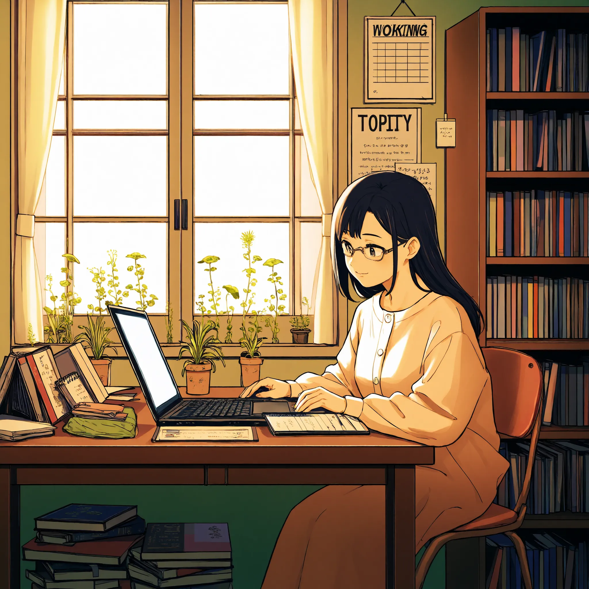 A woman is working in her room, She's opening her notebook, laptop, Some materials. and she's focused on writing or typing. Outside the window is Mt. Fuji 、On the bookshelf、 full of books , small plants in the background . The scene is peaceful and eager ...