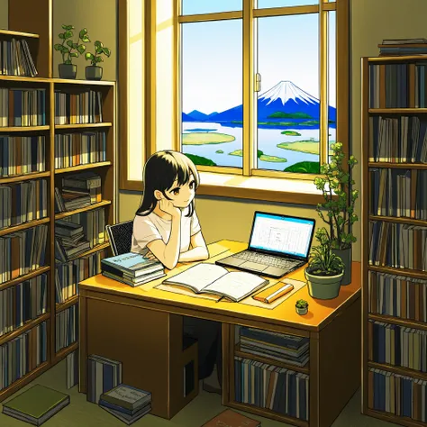 A woman is working in her room, She's opening her notebook, laptop, Some materials. and she's focused on writing or typing. Outside the window is a lake、On the bookshelf、 full of books ,  small plants in the background . The scene is peaceful and eager to ...