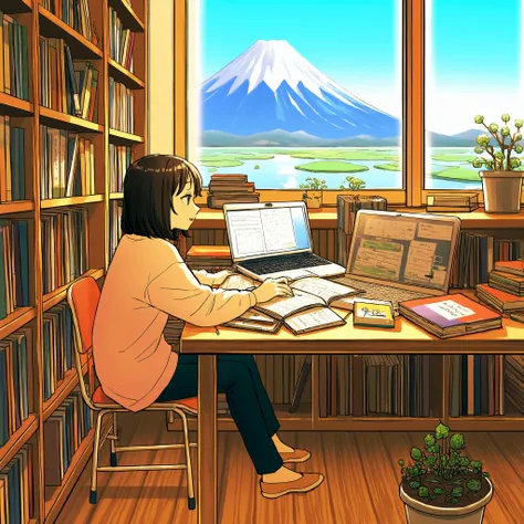 A woman is working in her room, She's opening her notebook, laptop, Some materials. and she's focused on writing or typing. Outside the window is a lake、On the bookshelf、 full of books ,  small plants in the background . The scene is peaceful and eager to ...