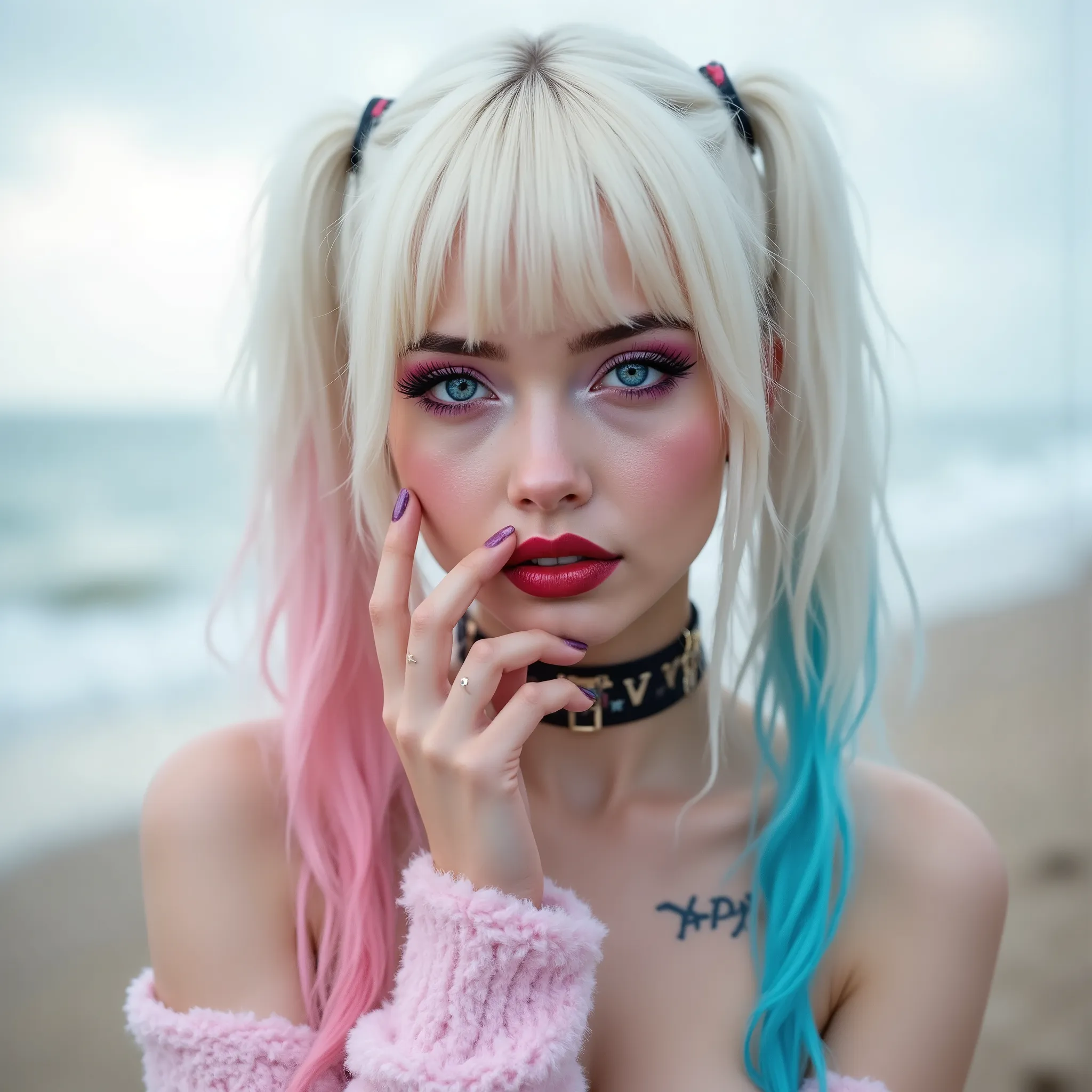 Harley Quinn. This is a highly detailed, full body photograph of a young woman with a fair complexion. She has a long haircut with a strikingly white, platinum blonde color, giving her a modern, edgy look. Her hair is straight and neatly cut, with a fringe...