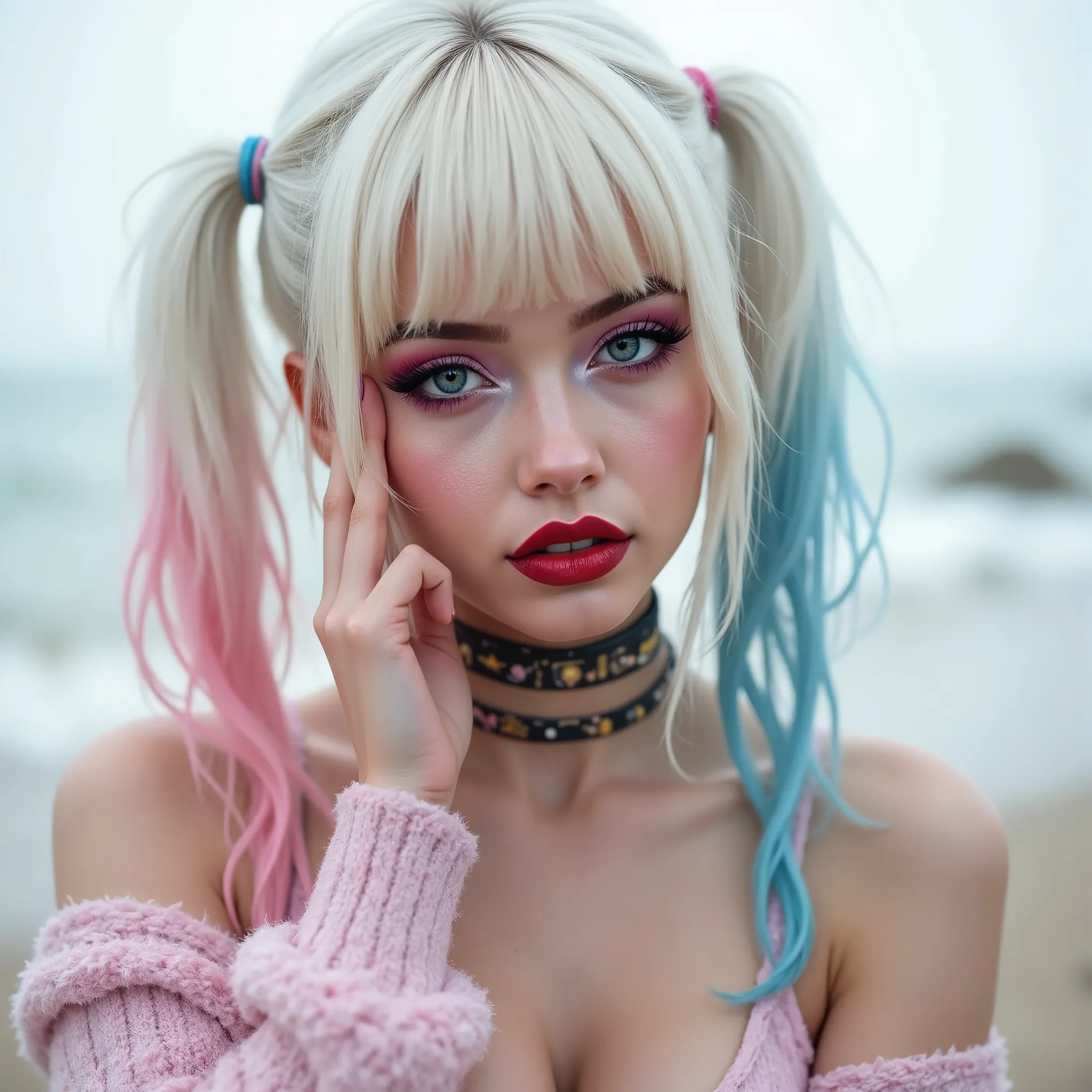 Harley Quinn. This is a highly detailed, full body photograph of a young woman with a fair complexion. She has a long haircut with a strikingly white, platinum blonde color, giving her a modern, edgy look. Her hair is straight and neatly cut, with a fringe...