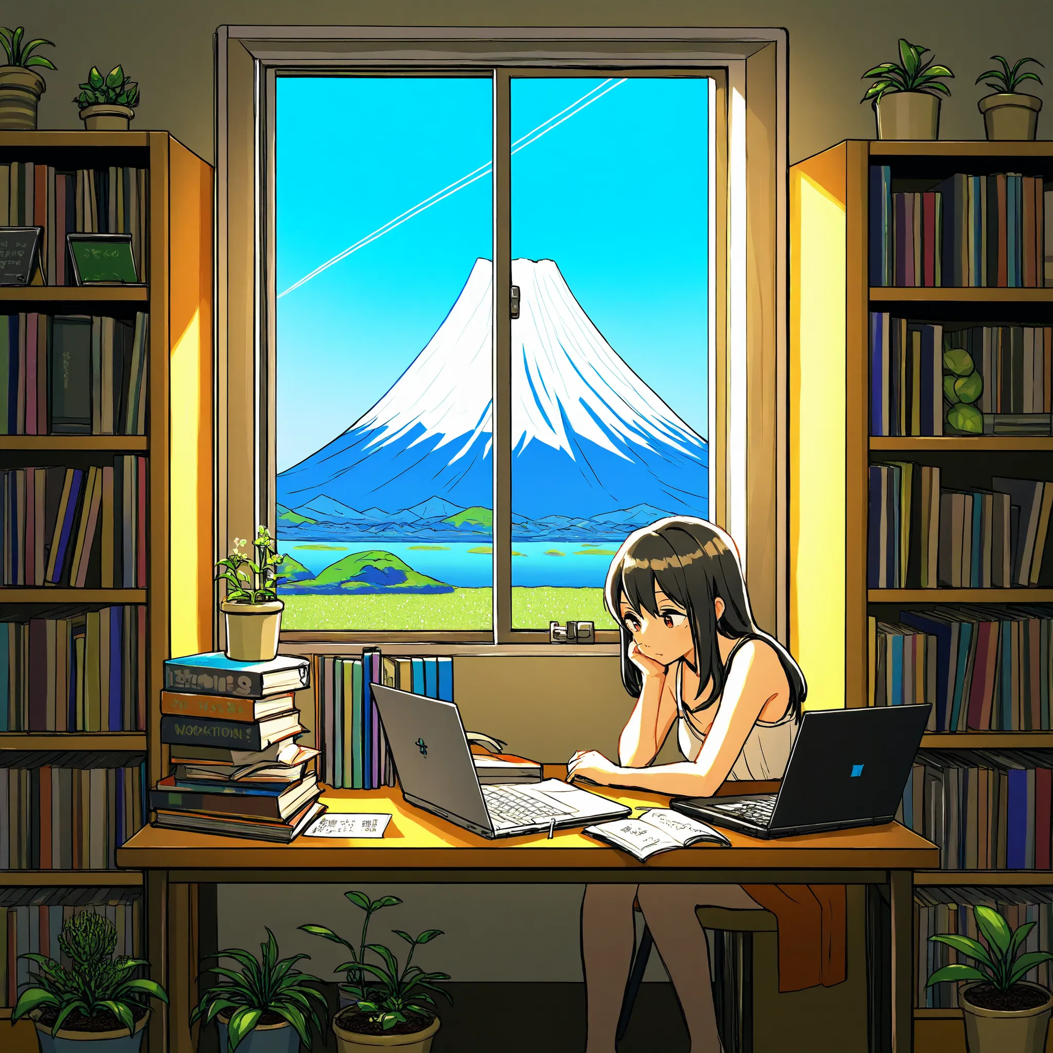 A woman is working in her room, She's opening her notebook, laptop, Some materials. and she's focused on writing or typing. Outside the window is a lake、On the bookshelf、 full of books , small plants in the background . The scene is peaceful and eager to ...