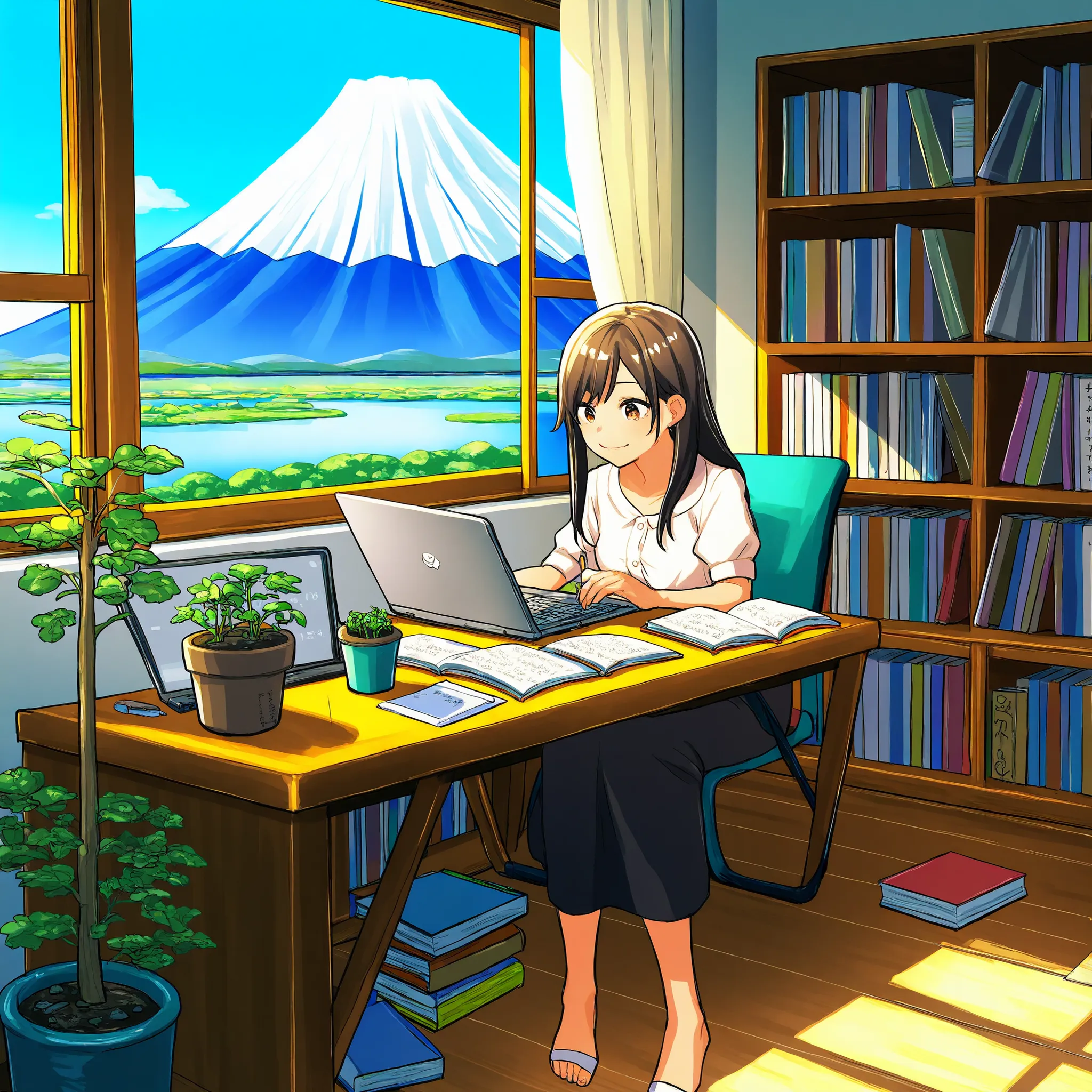 A woman is working in her room, She's opening her notebook, laptop, Some materials. and she's focused on writing or typing. Outside the window is a lake、On the bookshelf、 full of books , small plants in the background . The scene is peaceful and eager to ...