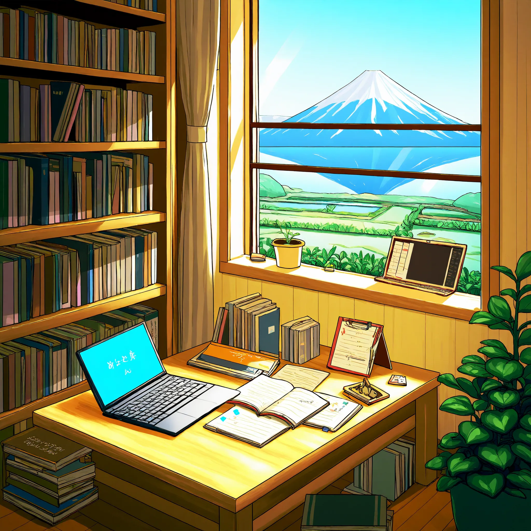 A woman is working in her room, She's opening her notebook, laptop, Some materials. and she's focused on writing or typing. Outside the window is a lake、On the bookshelf、 full of books , small plants in the background . The scene is peaceful and eager to ...
