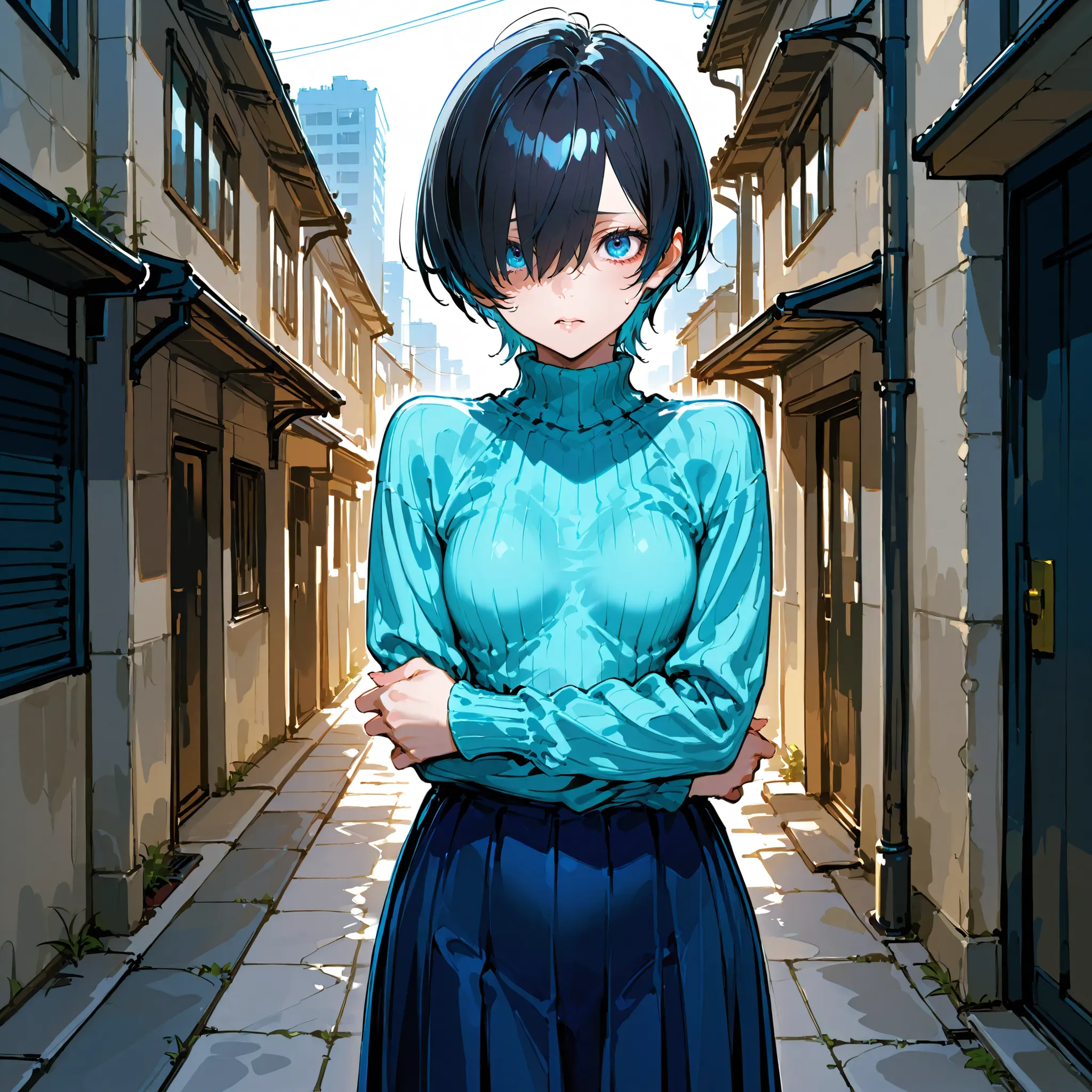 (((best quality))), ((ultra-detailed)), (illustration), ((an extremely delicate and beautiful)),(background:In front of a concrete building),1 woman,solo, (Very short ), (flat breasts), (Anxious expression),(gleaming skin),(Light blue sweater)( long skirt)...