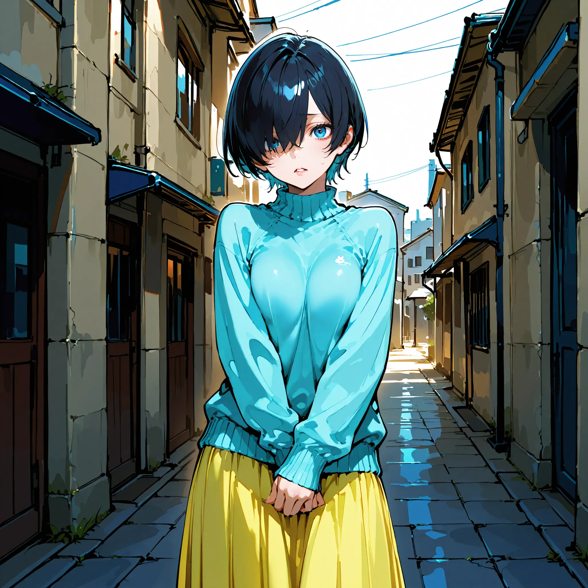 (((best quality))), ((ultra-detailed)), (illustration), ((an extremely delicate and beautiful)),(background:In front of a concrete building),1 woman,solo, (Very short ), (flat breasts), (Anxious expression),(gleaming skin),(Light blue sweater)( long skirt)...