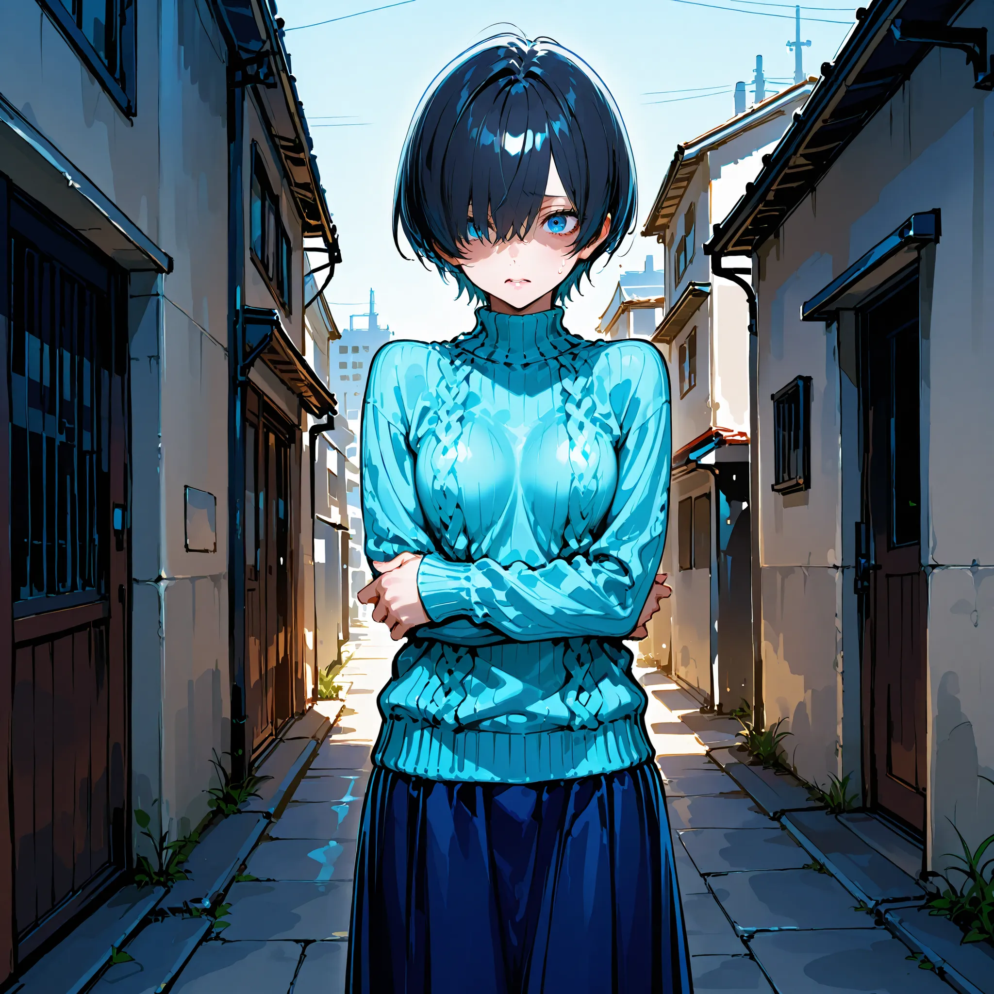 (((best quality))), ((ultra-detailed)), (illustration), ((an extremely delicate and beautiful)),(background:In front of a concrete building),1 woman,solo, (Very short ), (flat breasts), (Anxious expression),(gleaming skin),(Light blue sweater)( long skirt)...