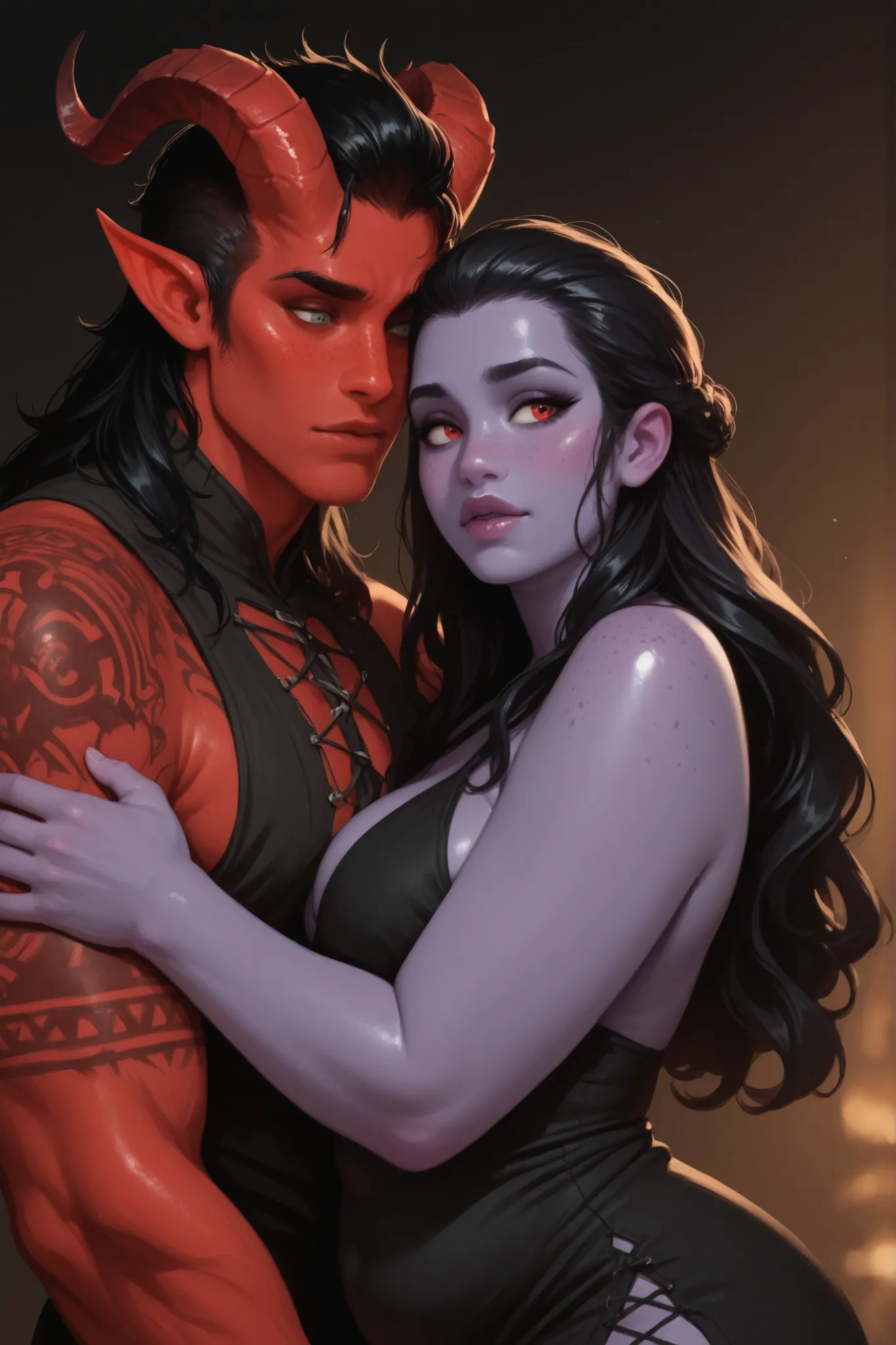 Couple [[1Woman, tiefling, purple skin, curved horns, long wavy black hair, fantasy hairstyle, silver eyes, full lips, freckles, flushed face, curvy, busty, soft chubby belly, sexy black dress]] hugging boyfriend [[1man, short black slicked back hair, red ...