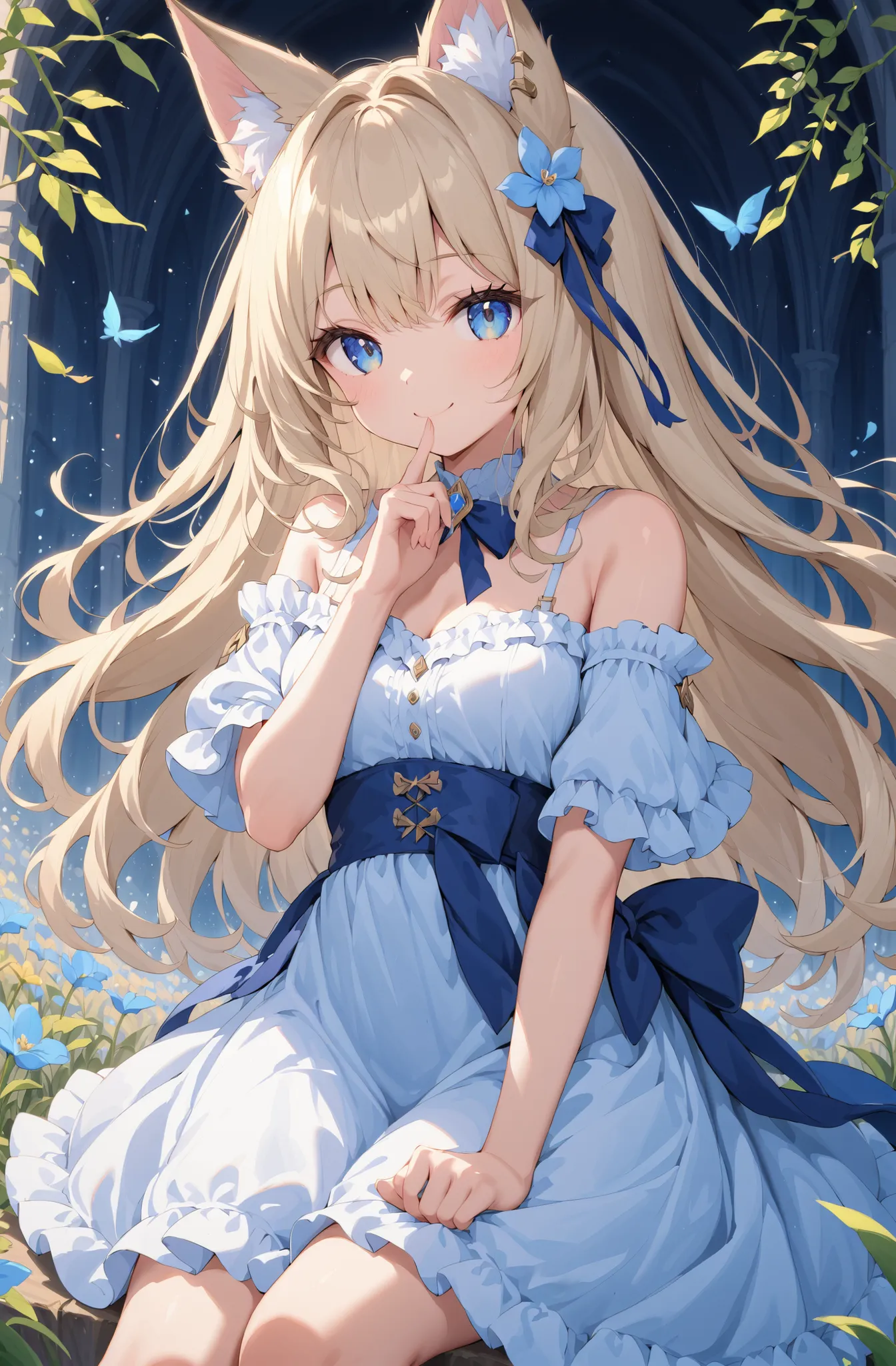 masterpiece、concept art、(very detailed)、 (((masterpiece、Top quality))) 、Girl tarry sky、Moonlight:1.2、Flower field、(fox ear、Off-the-Shoulder、platinum blonde、Long Hair、ruffle skirt)、( A soft smile ) 、 deep background