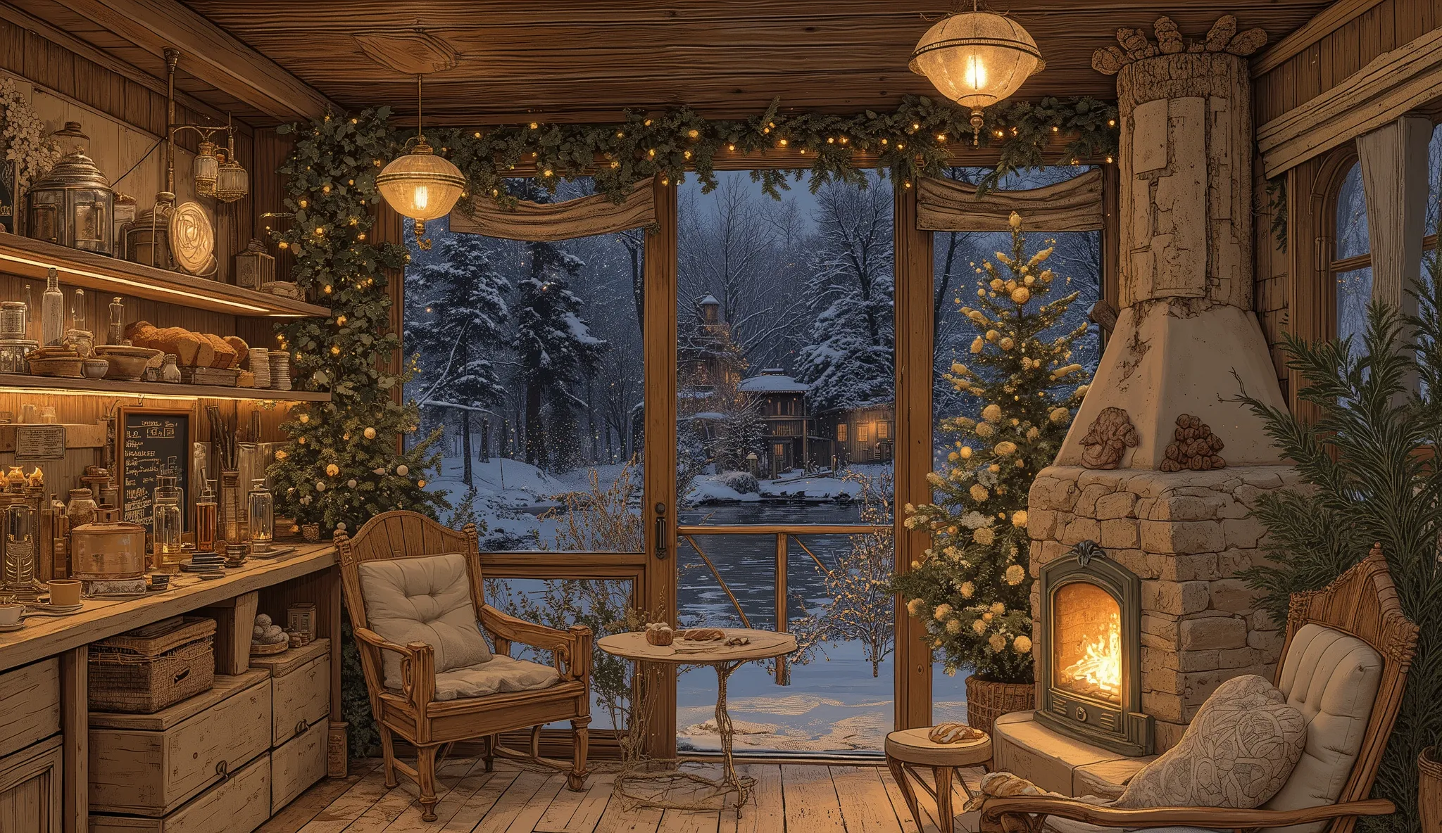Cozy cabin with fireplace, không có cây Giáng sinhThe scene depicts a Cozy cabin with fireplace, without a rustic cafe Christmas tree, overlooking a beautiful Tranh sơn dầu và acrylic trên vải, một căn bếp của nhà bà ngoại vào ban đêm. Cảnh được dựng theo ...