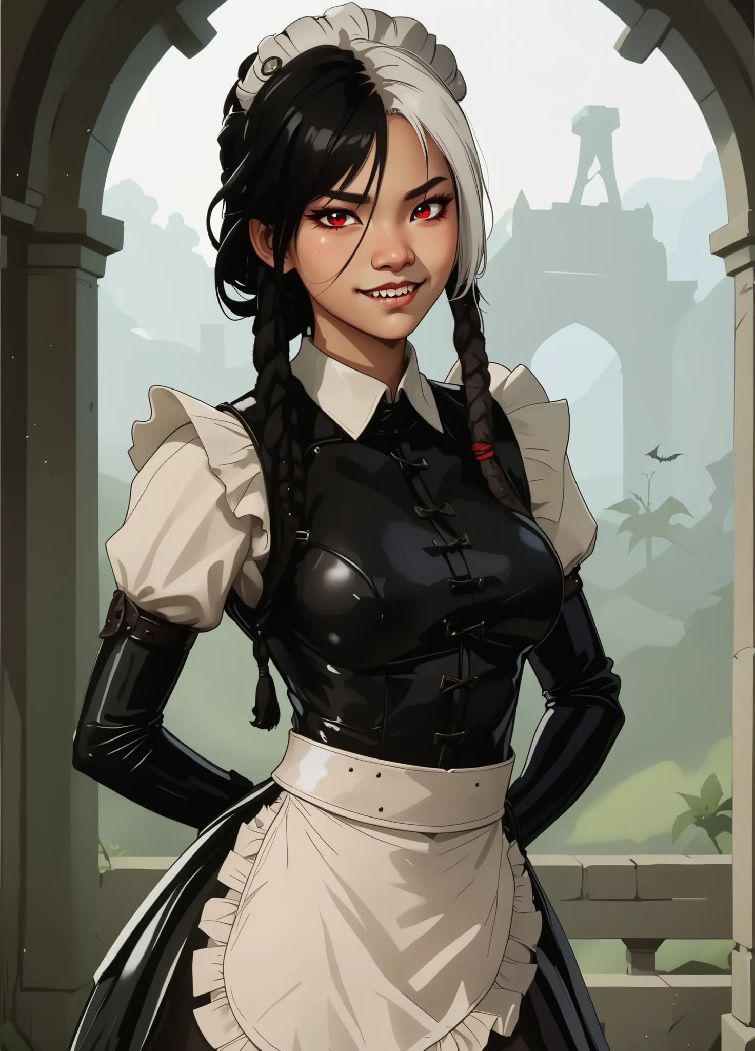 Slender body. Black latex skin. Cute 18-year-old Asian bat-demon girl with Asian red eyes and sharp teeth and dreadlocks with white highlights. She has a cute and beautiful face. She has a round and young face with a pointy chin. Her black body is athletic...