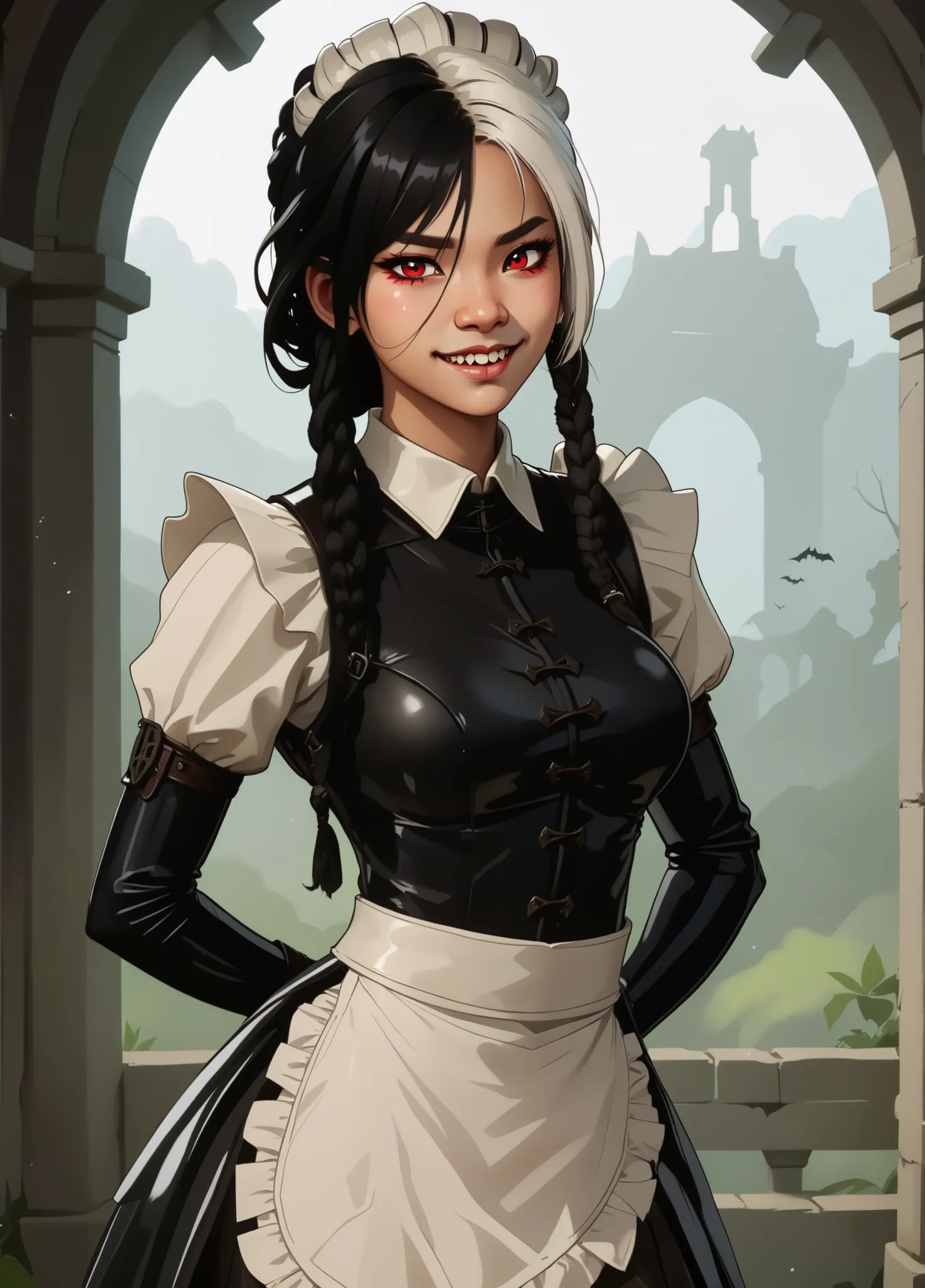 Slender body. Black latex skin. Cute 18-year-old Asian bat-demon girl with Asian red eyes and sharp teeth and dreadlocks with white highlights. She has a cute and beautiful face. She has a round and young face with a pointy chin. Her black body is athletic...