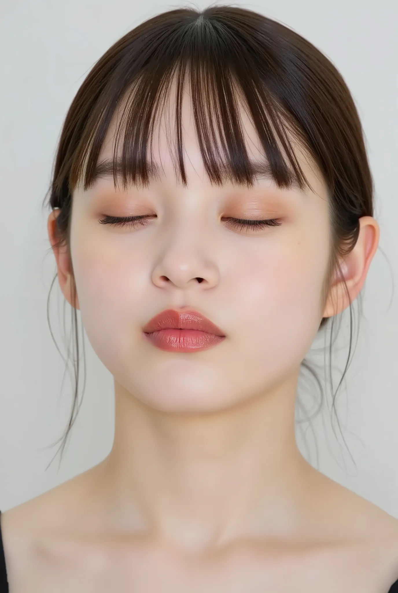 beautiful young woman, standing slightly on tiptoes, collarbone up framing, hands held behind back, head tilted slightly back, lips tightly puckered and strongly protruded, round kissy lips, heart-shaped lips, extremely glossy soft pink lips, intense lip h...