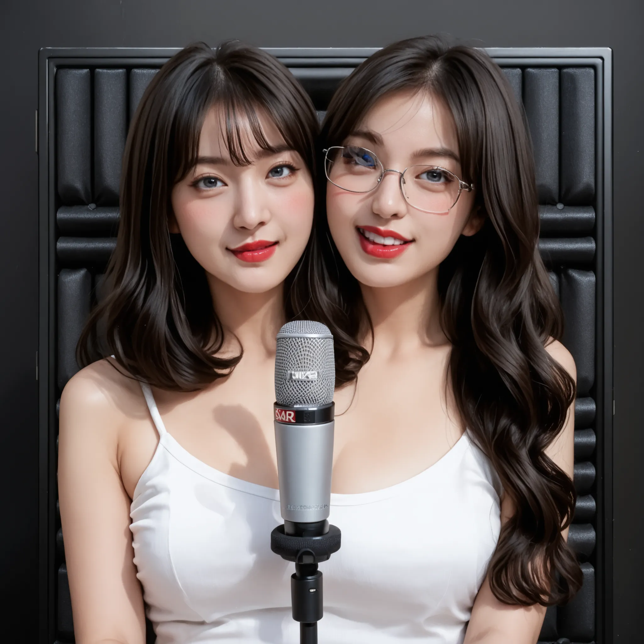 best resolution, 2heads, woman with two heads, blue-gray eyes, blush, microphone, white tanktop, lipstick, sound-proof background, detailed face
