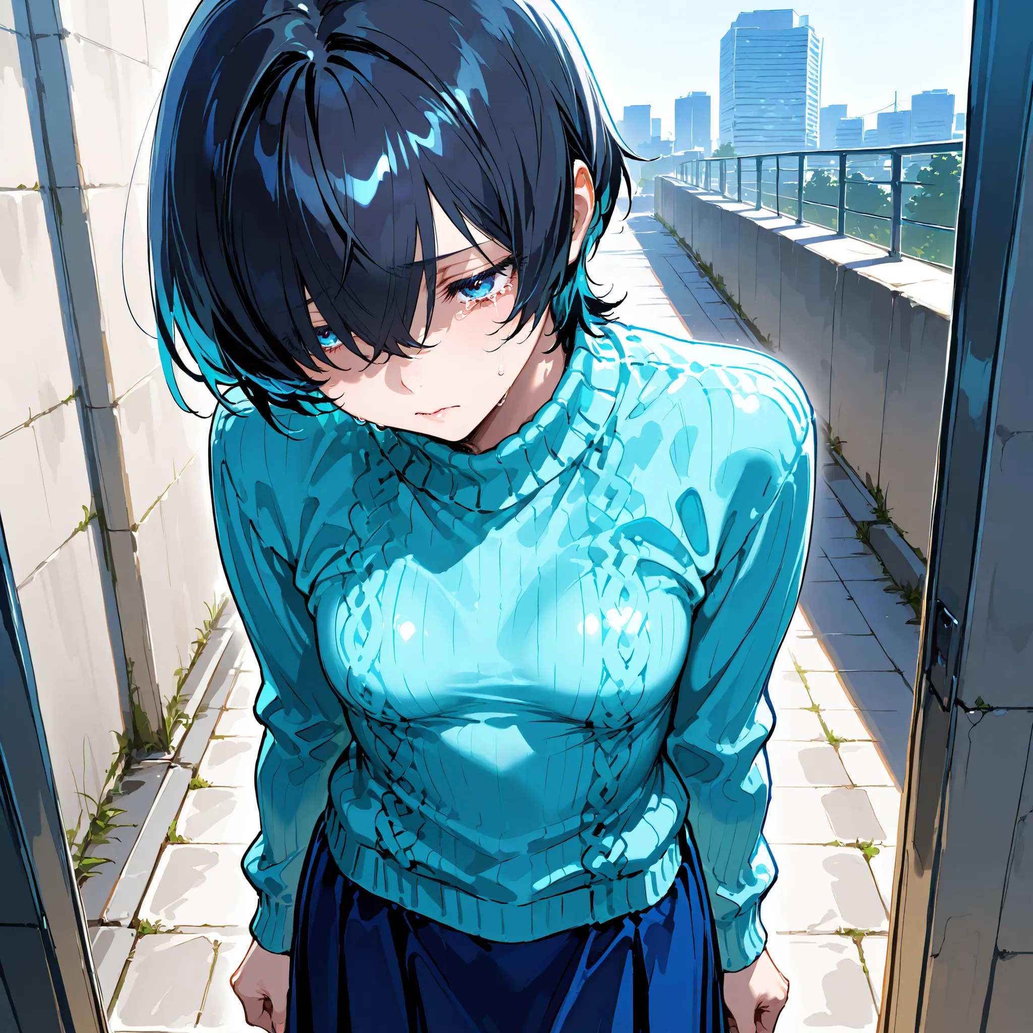 (((best quality))), ((ultra-detailed)), (illustration), ((an extremely delicate and beautiful)),(background:In front of a concrete building),1 woman,solo, (Very short ), (flat breasts), (Very sad look)(tears),(gleaming skin),(Light blue sweater)( long skir...