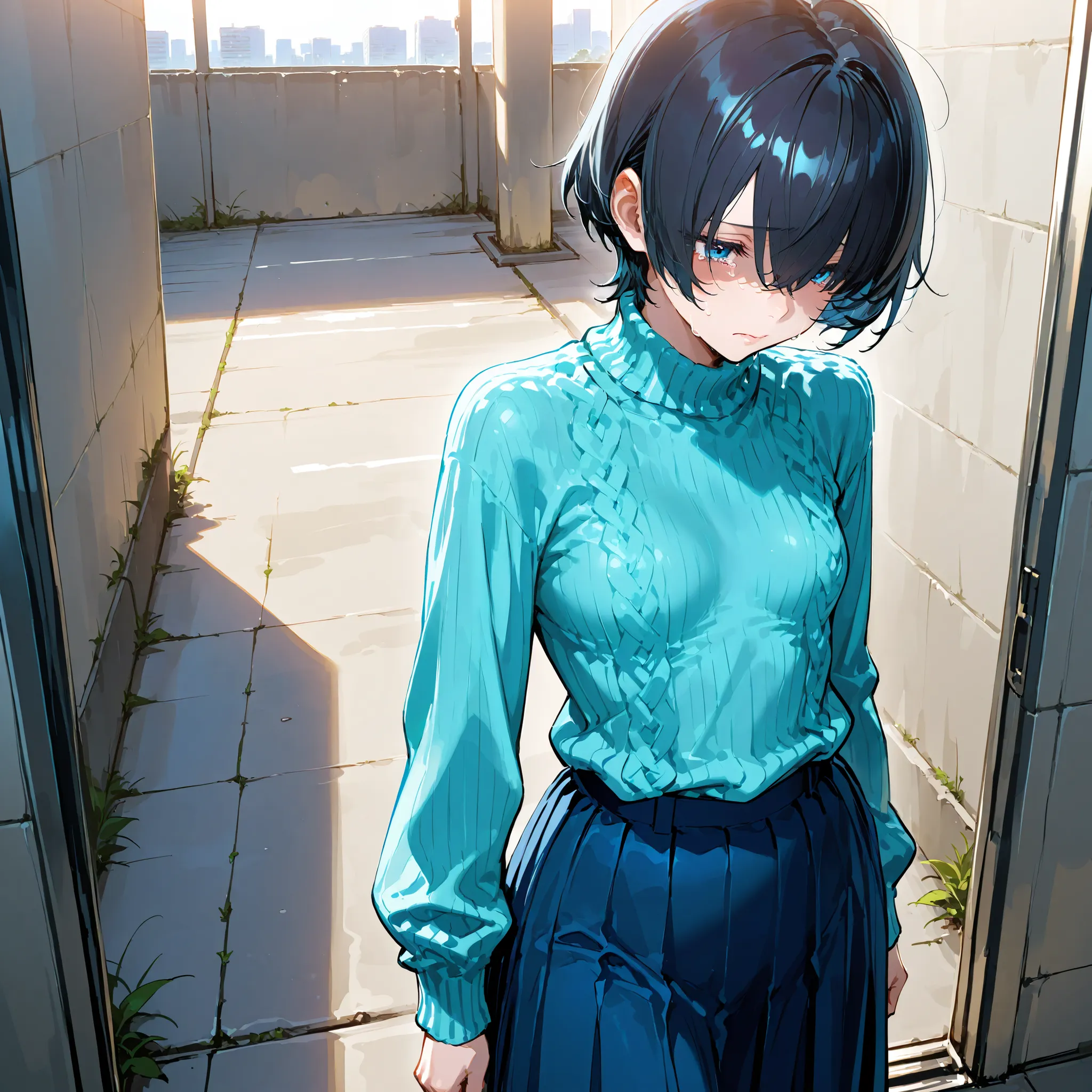 (((best quality))), ((ultra-detailed)), (illustration), ((an extremely delicate and beautiful)),(background:In front of a concrete building),1 woman,solo, (Very short ), (flat breasts), (Very sad look)(tears),(gleaming skin),(Light blue sweater)( long skir...