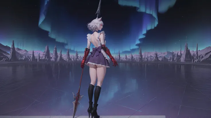 beautiful girl, alone, alone, with cat ears, short white hair, with a long side fringe, Red Eyes, sharp eye, beautiful skin, extremely nice body, ,((pretty face)),   A maid's uniform, short skirts, (maid) , (A large red gauntlet on the right arm), (left ar...