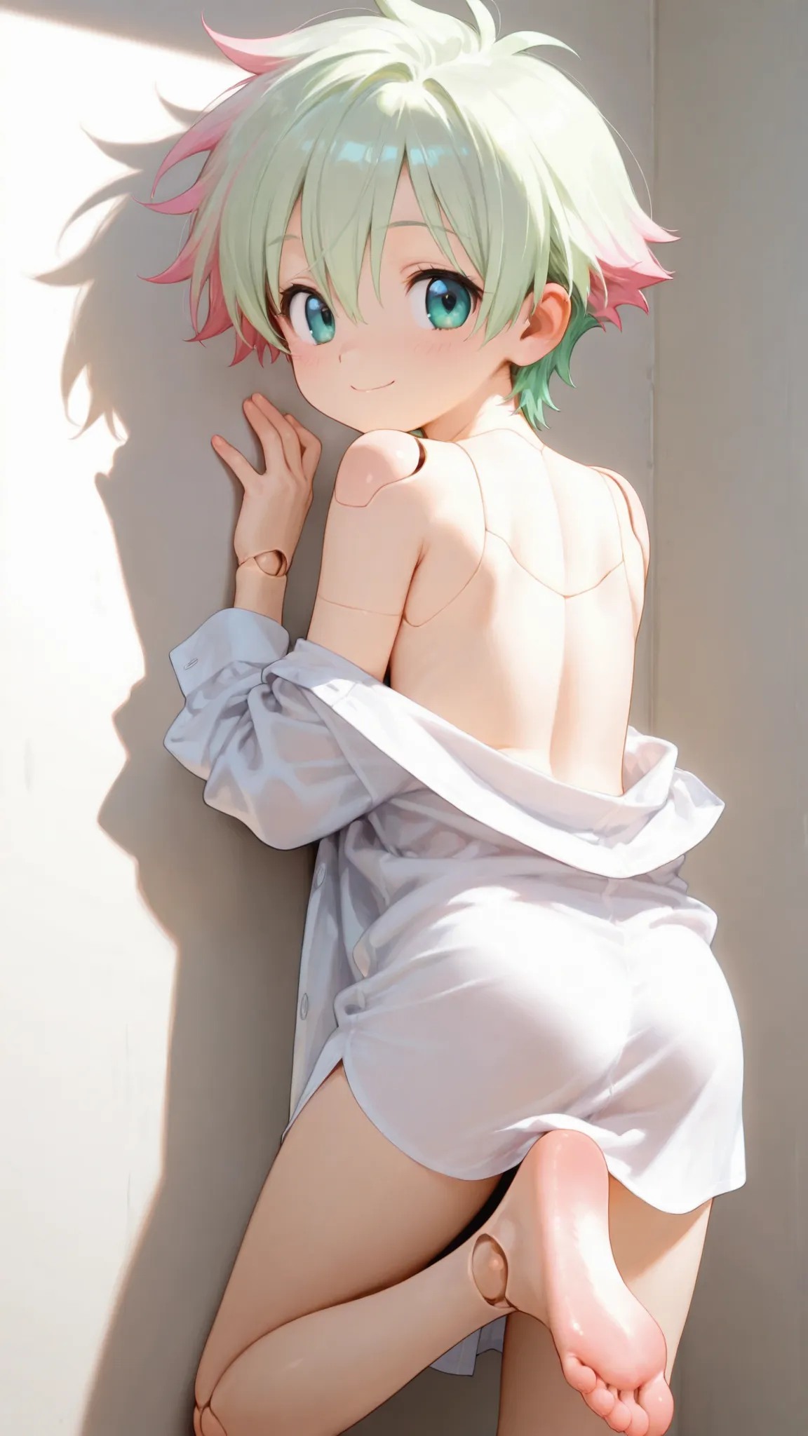 soft and slender anime boy, elegant pose, back facing a white wall, looking over shoulder with gentle shy smile, light blush on cheeks, pink highlights on joints and edges, bare feet, one foot lifted showing soft pink sole, open white shirt revealing slim ...