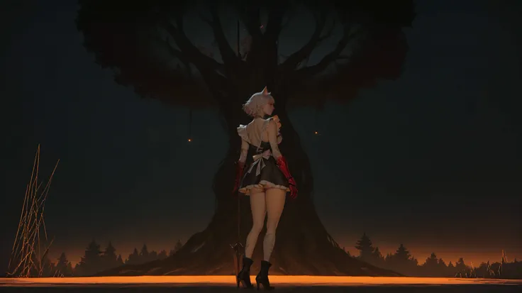beautiful girl, alone, alone, with cat ears, short white hair, with a long side fringe, Red Eyes, sharp eye, beautiful skin, extremely nice body, ,((pretty face)),   A maid's uniform, short skirts, (maid) , (A large red gauntlet on the right arm), (left ar...