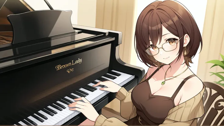 playing piano、brown hair、 everyday wear、Shortcut、wearing glasses、The brown lady