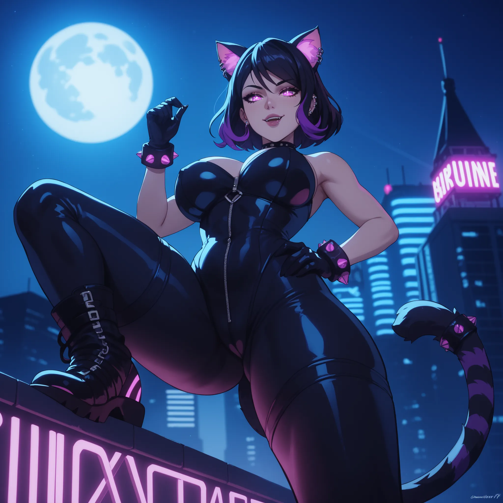 "Anime-style villainous cat-themed girl, 18 years old, curvy and seductive figure. Long, sleek black hair with subtle purple highlights, piercing violet cat-like eyes with a mischievous glint. Wearing a tight, black leather bodysuit with feline motifs—claw...