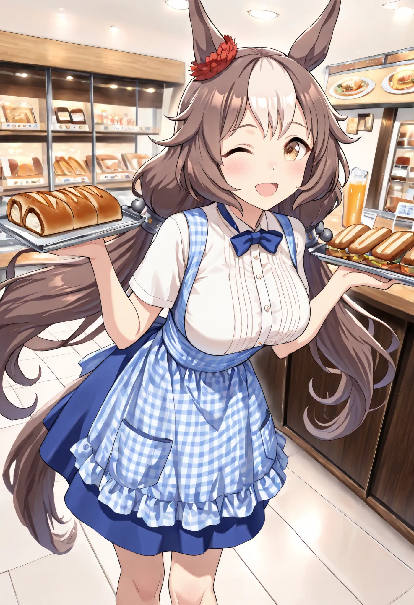 (masterpiece, best quality, perfect face:1.4), wide angle, yamanin zephyr \(umamusume\), 1girl, horse ears, red ear ornament, silver hair ornament, horse tail, tail on the lower back, proportional body, proportional, beautiful hair, beautiful face, beautif...