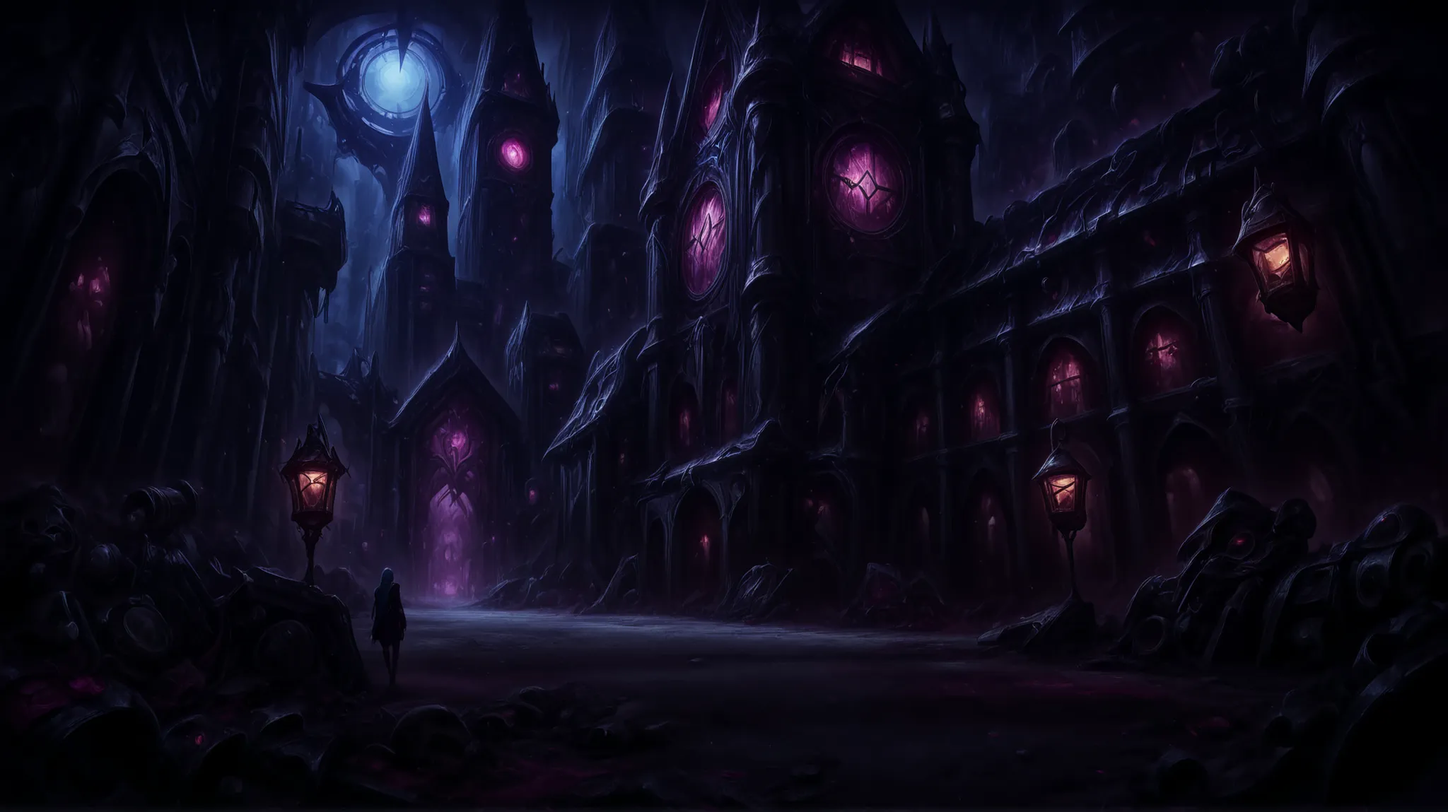 Jinx from league of legends, standing,hazy cityscape, dark fantasy, detailed digital painting, cinematic lighting, moody atmosphere, intricate architecturelux from league of legends, standing, night city lamp, dark fantasy, detailed digital painting, cinem...