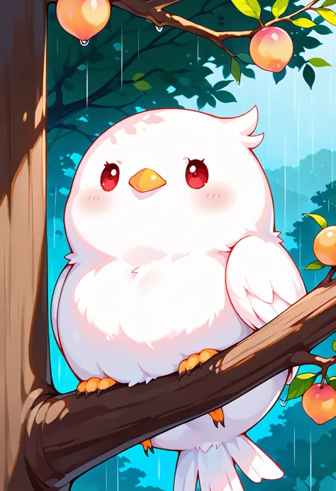 Masterpiece,Best quality, ultra detailed,Japanese Anime style, (pure white sparrow mascot) , round body, fluffy body,simple face, cute appearance, Sitting on the branch of a Japanese plum tree,( Japanese plums on the tree),, rainy season,