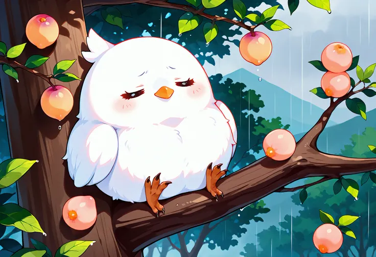 Masterpiece,Best quality, ultra detailed,Japanese Anime style, (pure white sparrow mascot) , round body, fluffy body,simple face, cute appearance, Sitting on the branch of a Japanese plum tree,( Japanese plums on the tree),, rainy season,