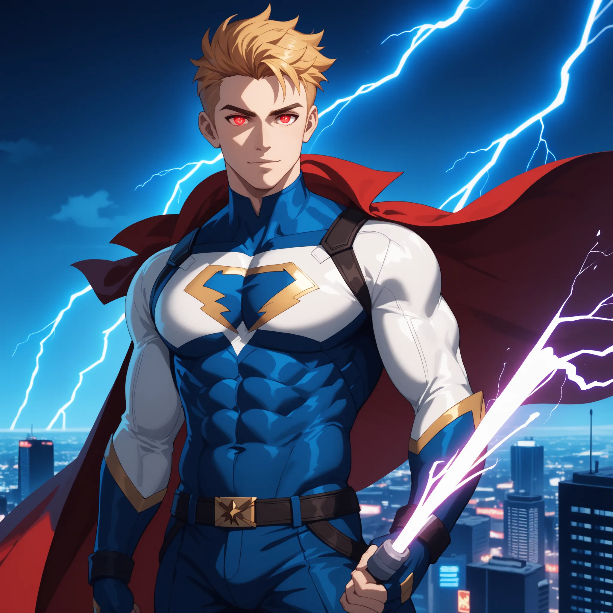 "Powerful anime-style male superhero standing atop a skyscraper at night, lightning crackling behind him. He’s about 20, handsome with sharp features, athletic build, glowing red eyes and short golden hair windswept by the storm. His suit is sleek, in vibr...