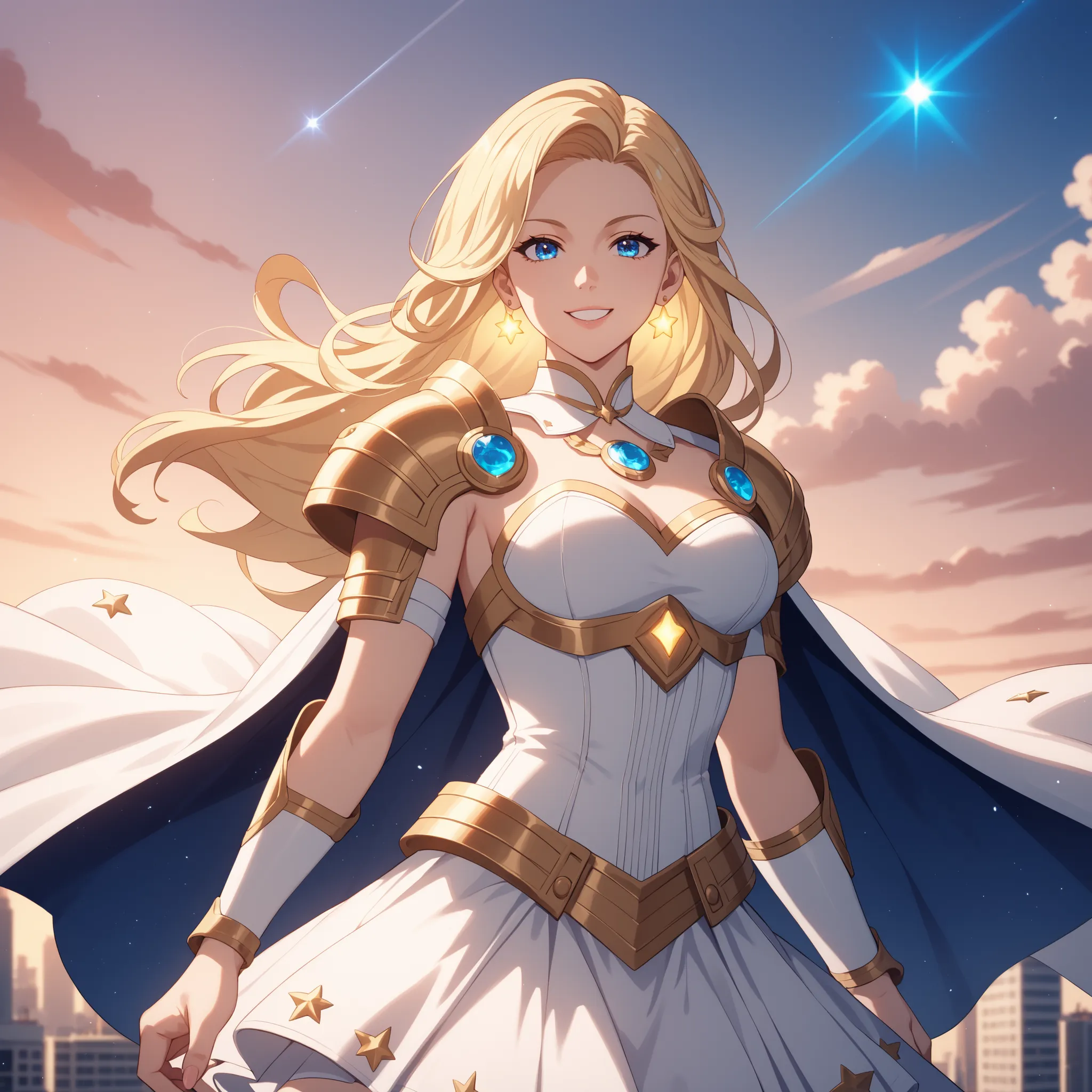 "Anime-style beautiful blonde superheroine flying gracefully above a glowing city at sunrise. She has long, silky golden hair flowing behind her, radiant sky-blue eyes, and a joyful, confident smile. Her outfit is a white and gold magical battle dress with...