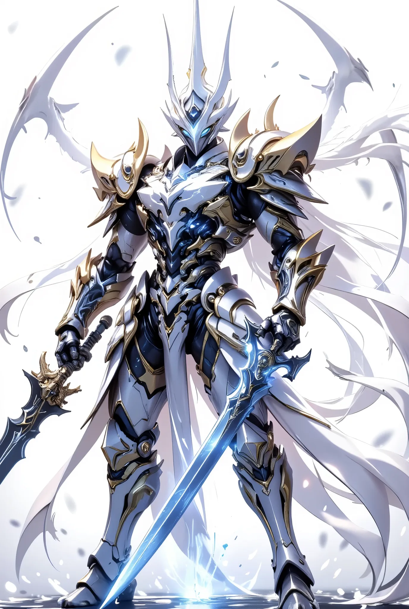 Horseshoe crab primodial, holding 2 cross swords, whitebackground, white aura, black aura sword