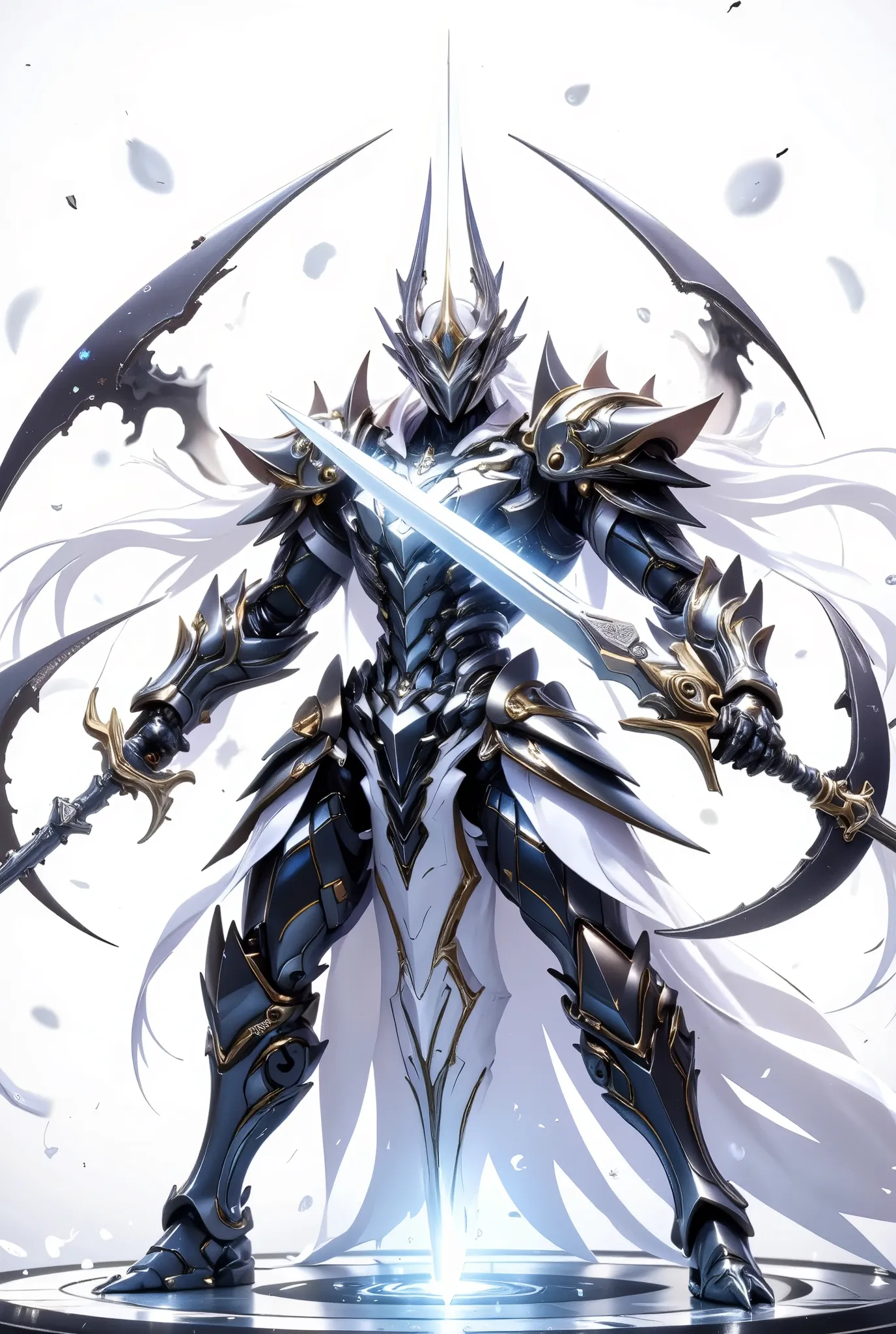 Horseshoe crab primodial, holding 2 cross swords, whitebackground, white aura, black aura sword