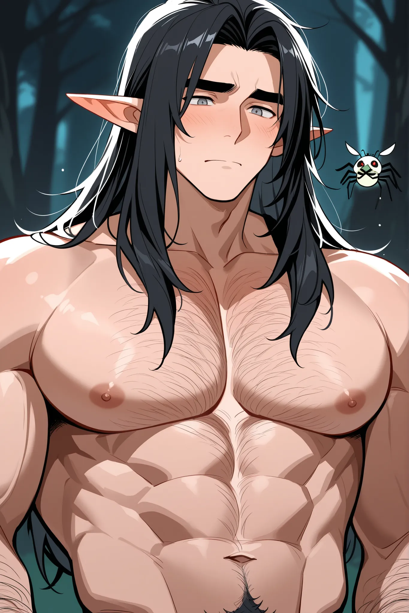 dark fantasy; elf; boy, guy мужчина; low body; Height 170 cm; Weight 70 kg; long black hair, thick eyebrows, грустные grey eyes, lots of body hair; Парень elf solo; Dressed openly; gay; shy, careful in communication, anxious and fearful; Loves spiders and ...